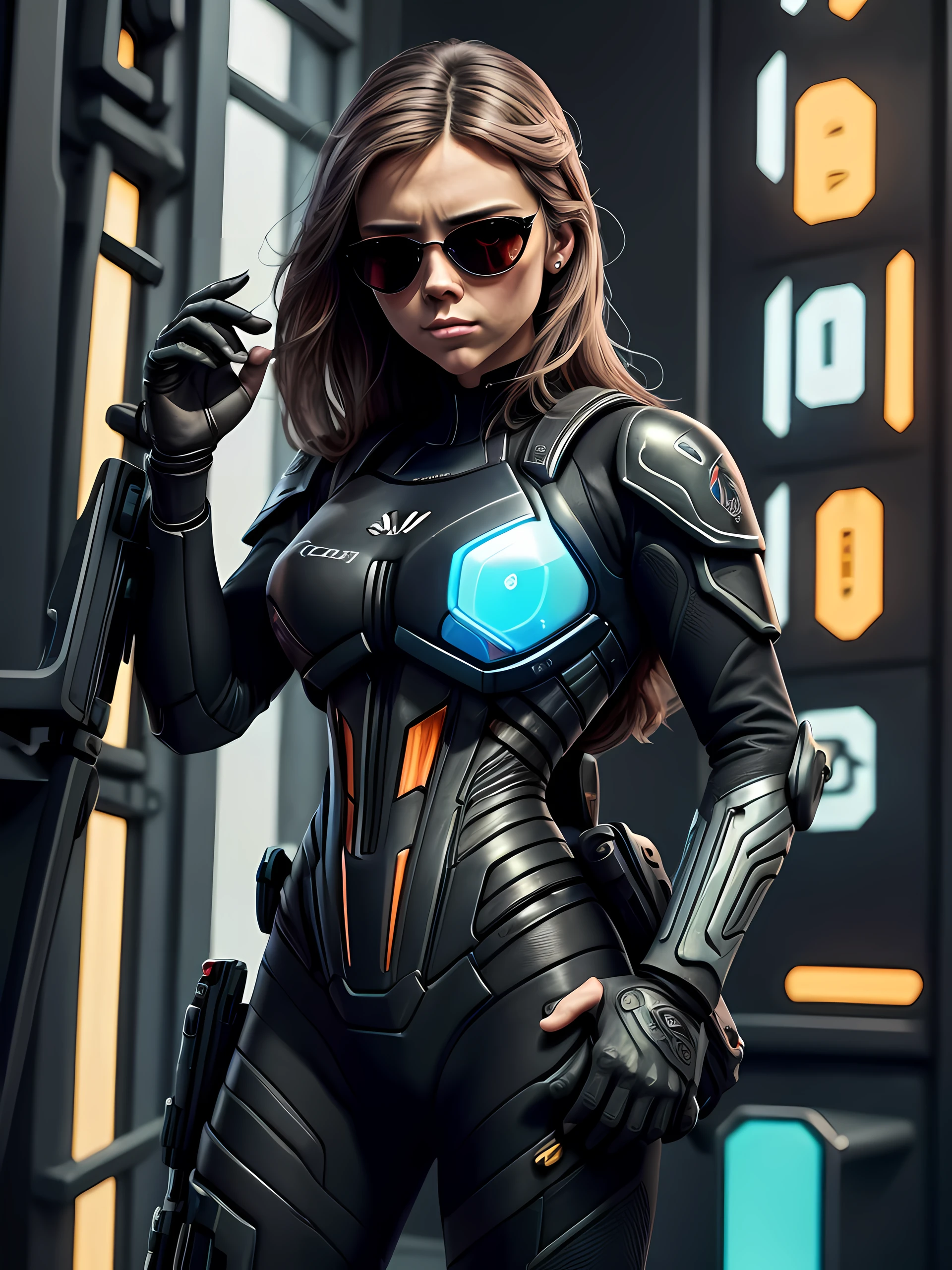 uma mulher linda atraente com cabelos loiros e olhos azuis, usando uma blusa de moletom，inspirada em "scarlett johansson"(altamente detalhado: 1.2), (canon EOS R6 melhor qualidade: 1.2), (8k: 1.0), (EMB-RRF-Baixo: 1.0), (lots of large black tattoos on open cybernetic head in the middle showing the inside, rosto detalhado, Hyper-detailed eyes and use of high-tech sunglasses with holographic display 1.2), foco nítido (Foto premiada: 1.2), (subsurface scatter: 1.2), (subsurface scatter: 1.2). 1.1) (um belo ciborgue ultra-detalhado: 1.2), ( cabelos hiperdetalhados: 1.2), (corpo maravilhoso: 1.2), (corpo inteiro: 1.2), (Dynamic Stance :1.2), brilho neon, (Detailed cybernetic eyes:1.1), Close-up (hiper-realista:1.2), RPG, Estilo Cyberpunk 2077, dramatic lighting, (paisagem urbana futurista altamente detalhada:1.2), (scientific fiction: 1.2). 1.2), fotografia de retrato profissional, por WLOP greg rutkowski, Jeffrey Simpson, Alphonse Mucha