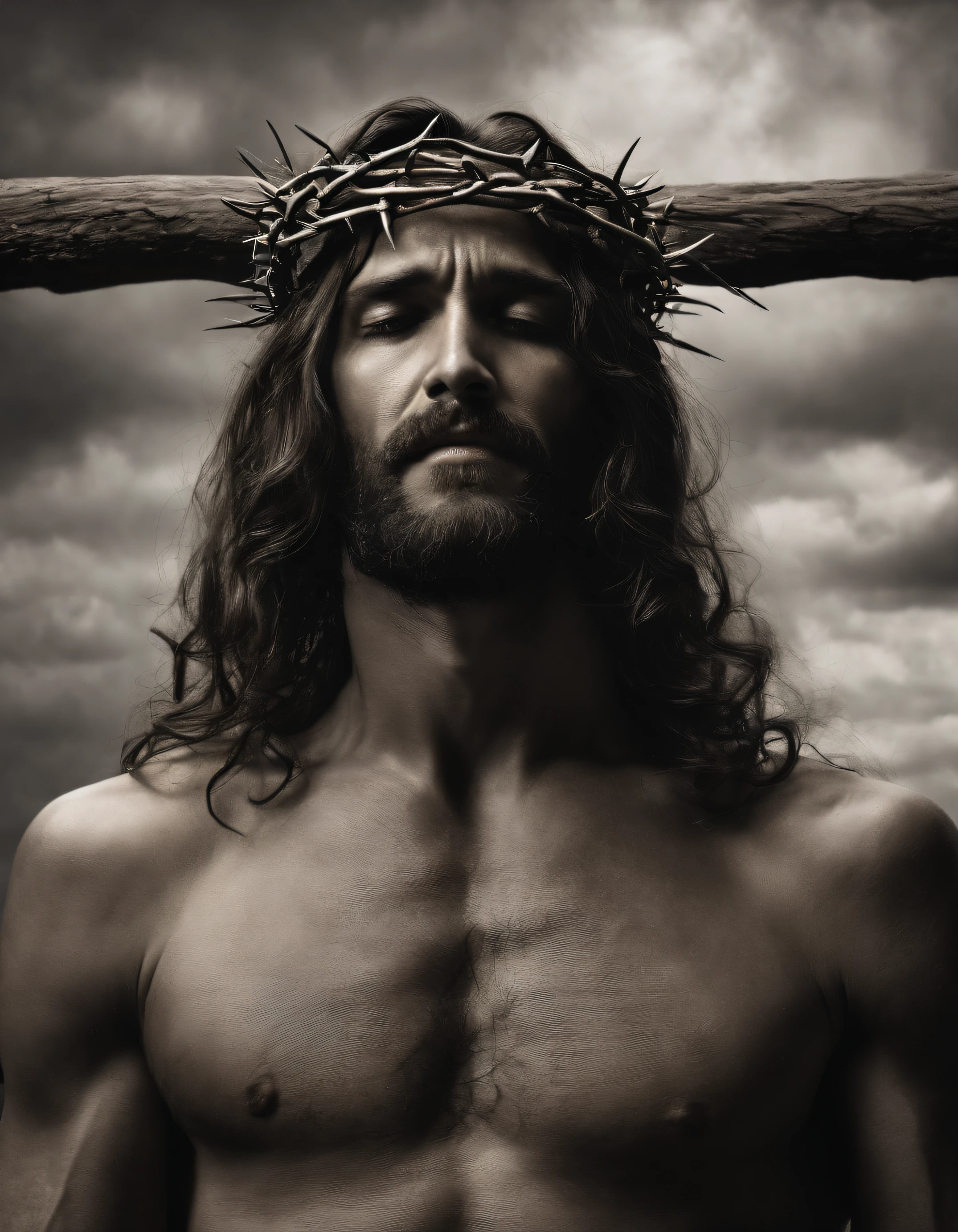 A photorealistic photo capturing Jesus on the cross, with a bird's-eye view looking straight down at Him. ((Crown of thorns on head)). The focus of the image is on Jesus' face as He gazes up at the heavens, gasping for air in the midst of His crucifixion. The scene is set outdoors, with a clear sky in the background. The lighting should be dramatic, emphasizing the emotional intensity of the moment, with rays of sunlight breaking through the clouds to create a sense of divine presence.
