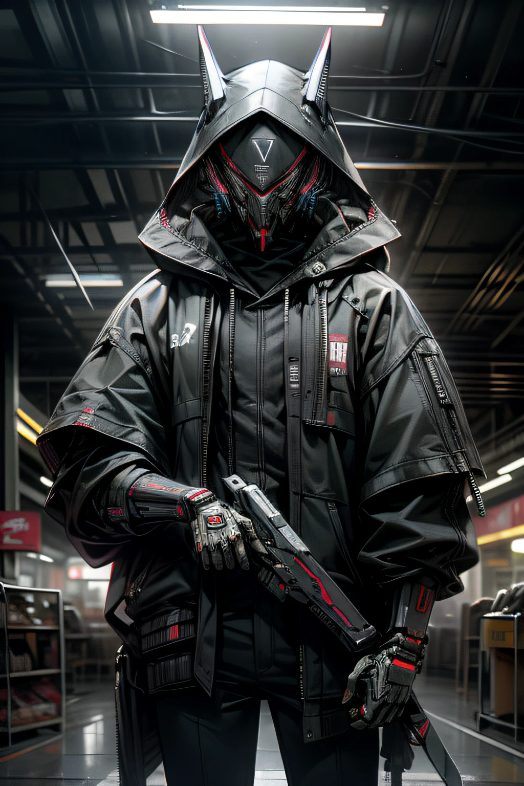 There was a boy wearing a mask and a black hood,with a knife in hand, estilo cyberpunk hiper-realista,Estilo de anime cyberpunk digital,cores ciano