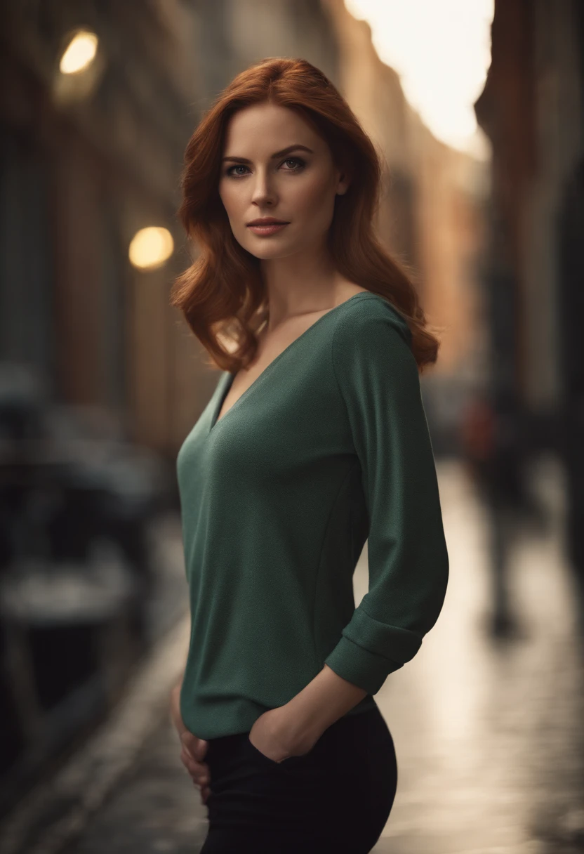 Retrato de uma mulher linda atraente, usando uma blusa de moletom,inspirada em "Karen Gillan", trending on art station, , detailed hyper-realistic rendering, estilo de rua, Pose intimidadora, roupas com moda,