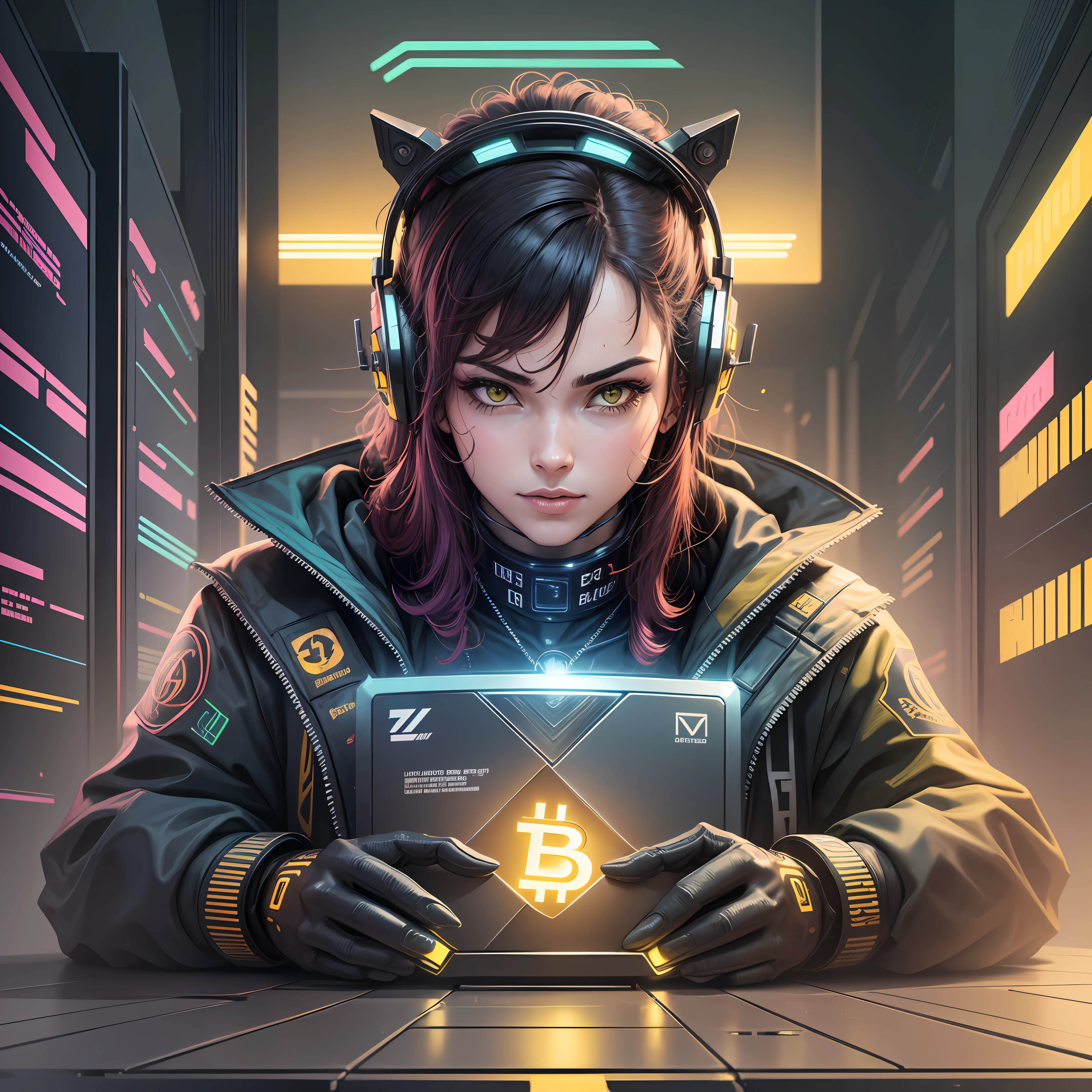 Touro grande e forte, cyberpunk, luzes amarela, logotipo Bitcoin --auto --s2