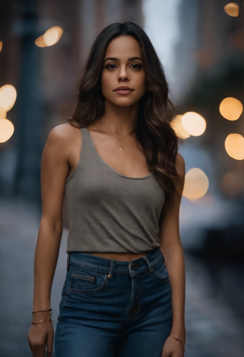 Retrato de uma mulher linda atraente, usando uma blusa de moletom,inspirada em "Jenna Ortega", trending on art station, , detailed hyper-realistic rendering, estilo de rua, Pose intimidadora, roupas com moda,