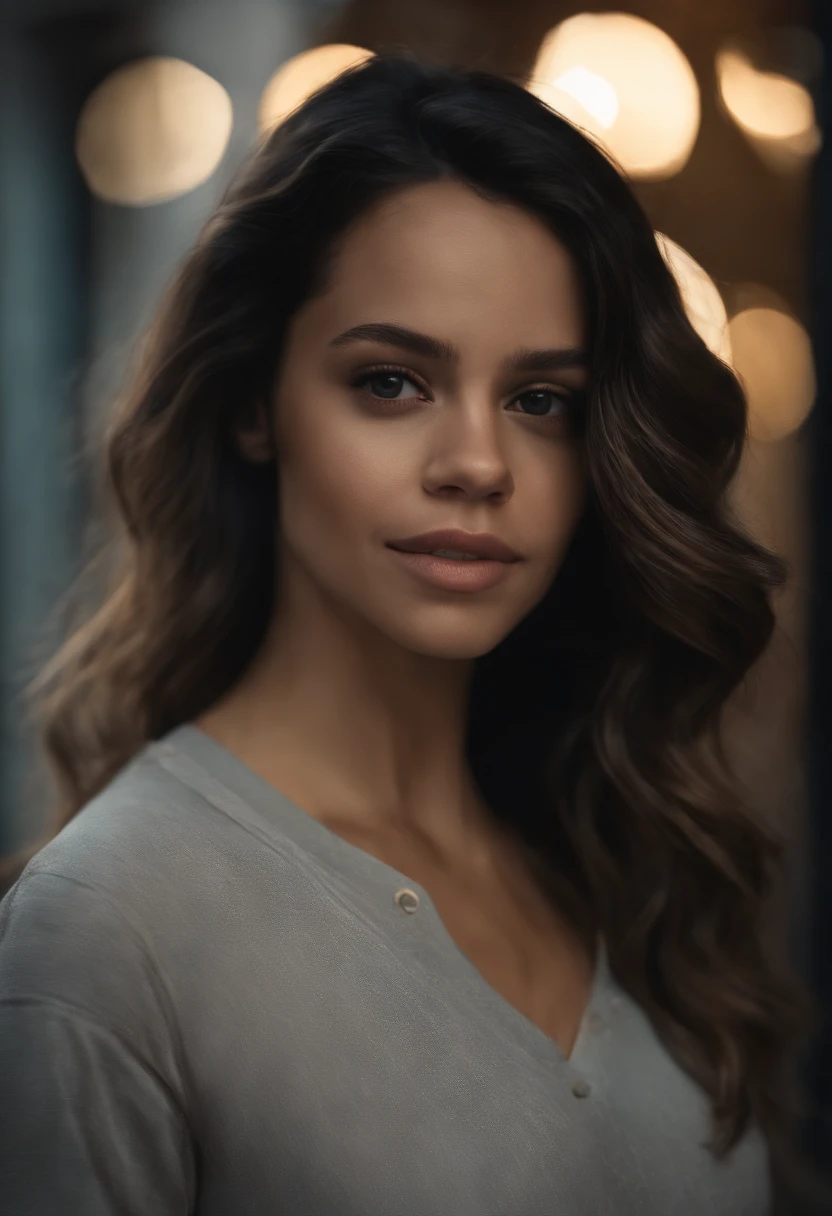 Retrato de uma mulher linda atraente, usando uma blusa de moletom,inspirada em "Jenna Ortega", trending on art station, , detailed hyper-realistic rendering, estilo de rua, Pose intimidadora, roupas com moda,