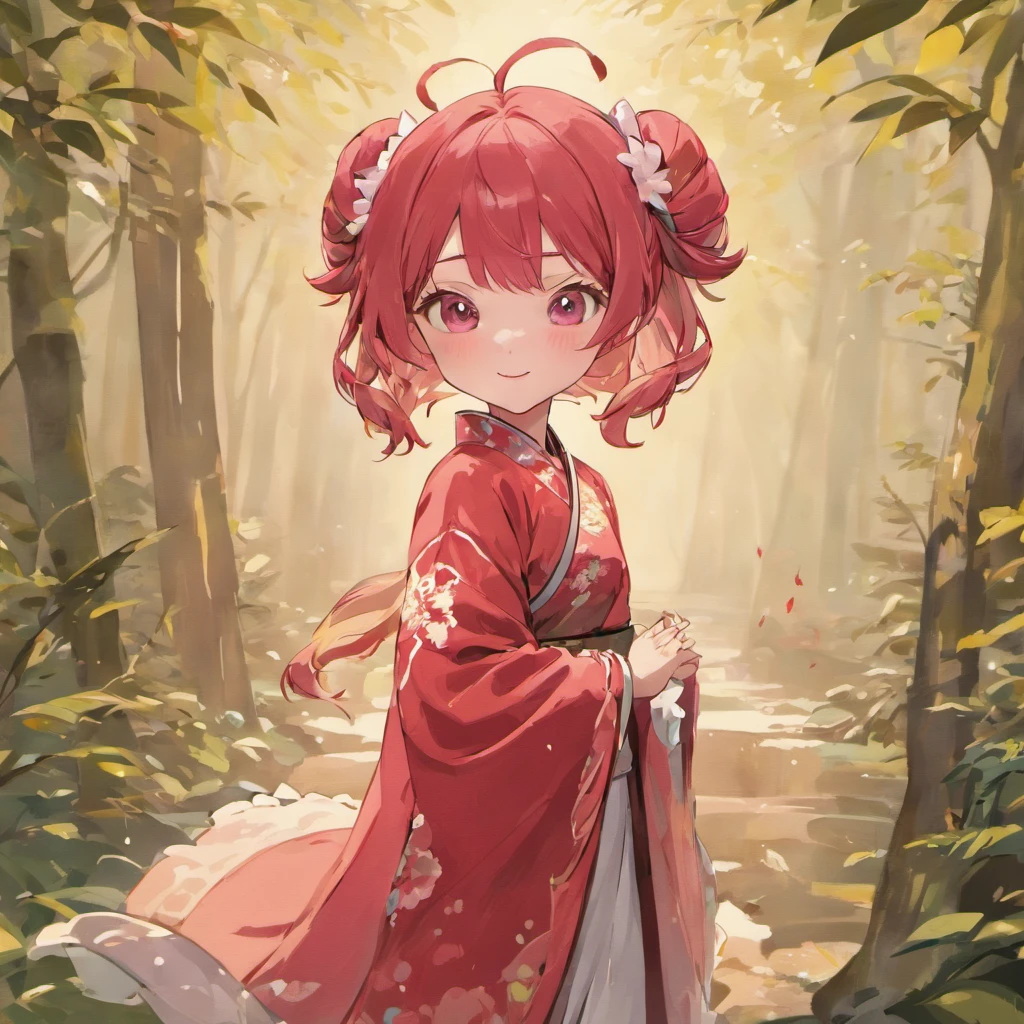 There is one ultra-realistic girl。She has a slender physique、Height is 155 cm。Her hair has a pale pink color and、、Hairstyle is Twintails。Hair is smooth、Blowing in the wind。A spiral horn grows from her head.、Luxurious ornaments complement the corners around it。Her eyes are a beautiful purple color.、Staring at this。Her nose was not very high.、has shiny pink lips。With a smile on your face、teeth showing.。Red ribbon flutters in the wind from the neck.。She wears a cheongsam with a white undertone.、The pattern is green。pure、Loose shoulders。For the lower body, I'm wearing long pink pants that are easy to move in..。A red band is visible from the waist。She is clenching her fists.、There are 5 fingers on each side.。Background in the wilderness forest、High Mountains々And the lake looks far away。It's from the camera's point of view.、shyly smile。