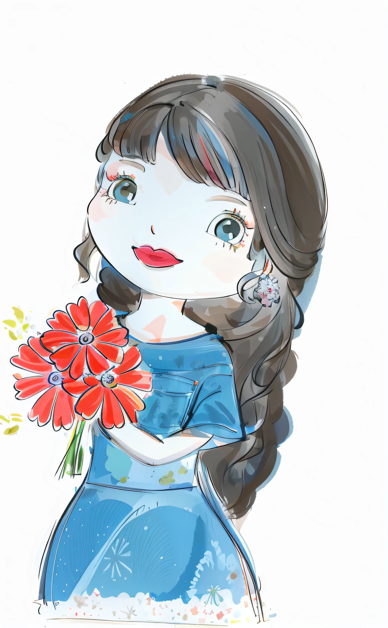 There is a drawing of a girl holding a bouquet of flowers, com flores, com um rosto de flor, flores em seus cabelos escuros, girl with a flower head, charicatura, segurando flores, inspirado em Ayako Rokkaku, inspirado em Takehisa Yumeji, Nice Cartunesco, Arte tradicional, segurando uma flor, Arte Digital!!