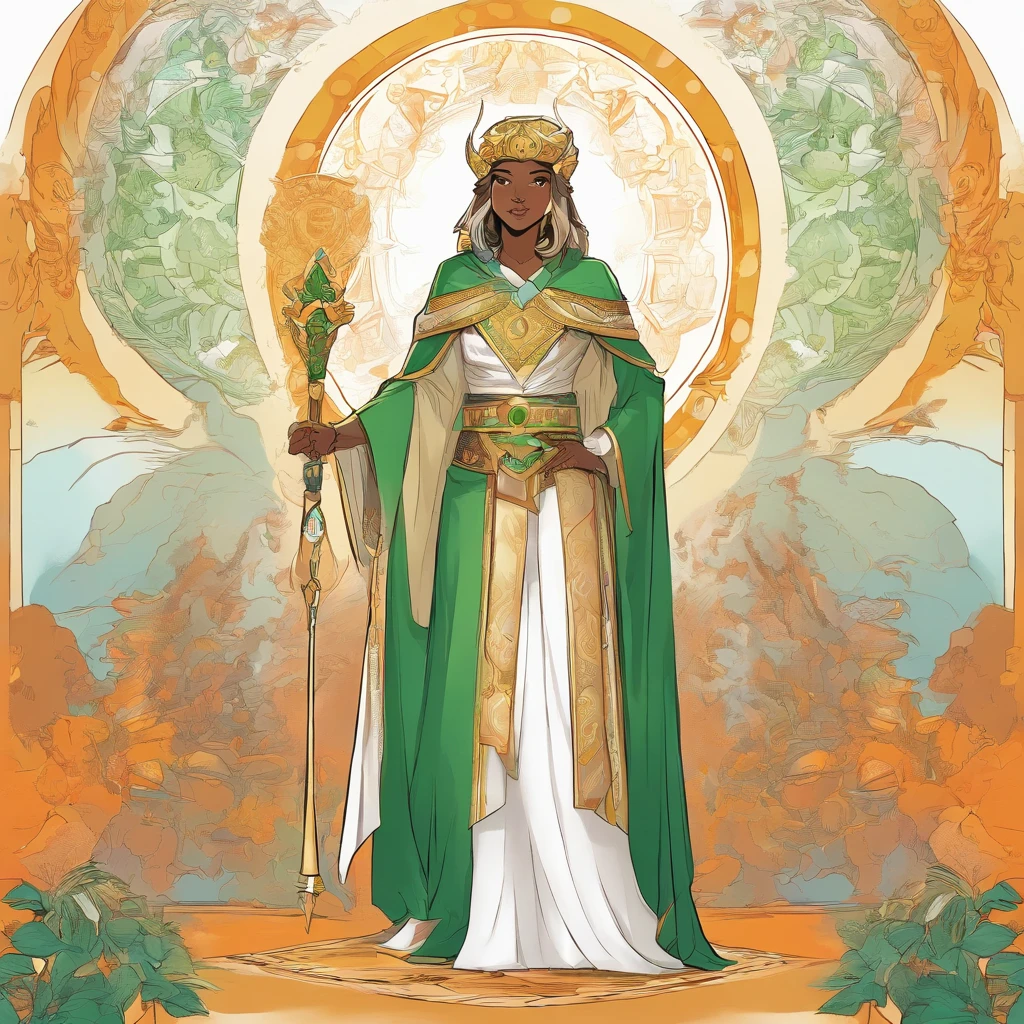 Aasimar, wearing Scholar Robe, colors are primarily white with green and gold trim and orange, masterpiece, best quality