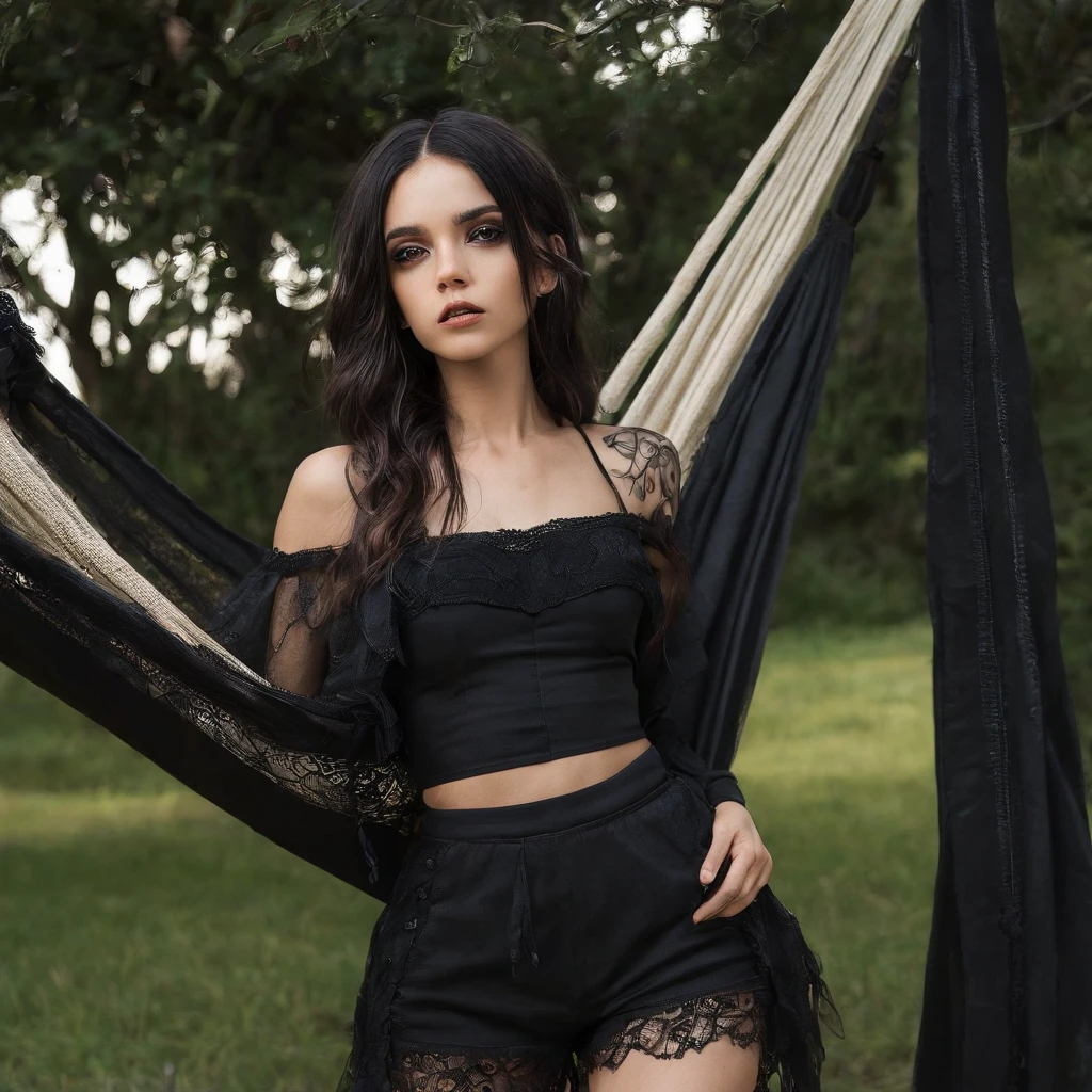 Girl with symbolic clothes of gothic hammock, inspirada na atriz "Jenna Ortega", cabelos pretos，Extremidades dos cabelos altamente detalhado