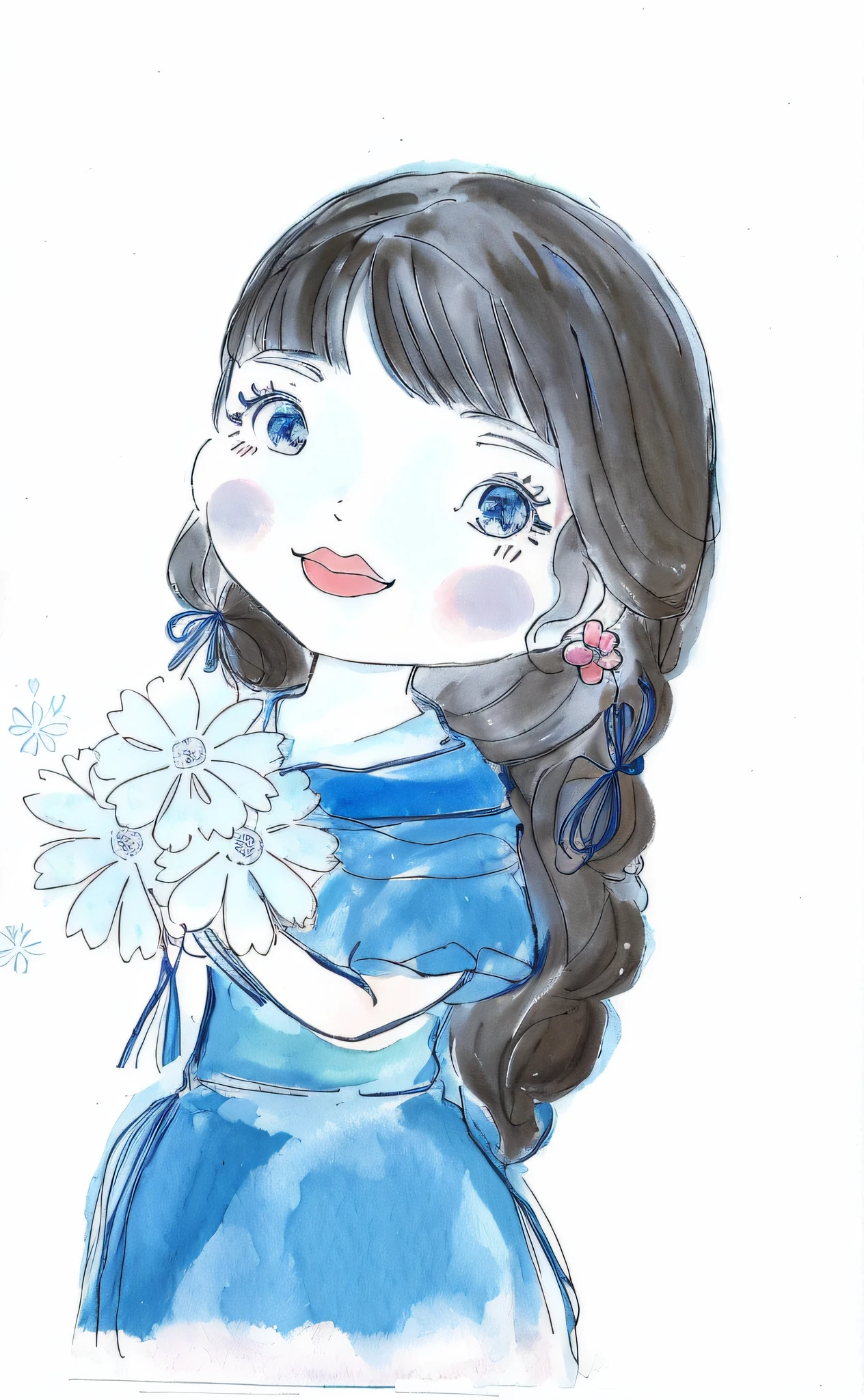 a drawing of a girl with a flower in her hand, inspirado em Yuki Ogura, flores em seus cabelos escuros, com flores congeladas ao seu redor, menina com um rosto de flor, com flores, [ Arte Digital ]!!, girl with a flower head, charicatura, inspirado em Takehisa Yumeji, em estilo anime