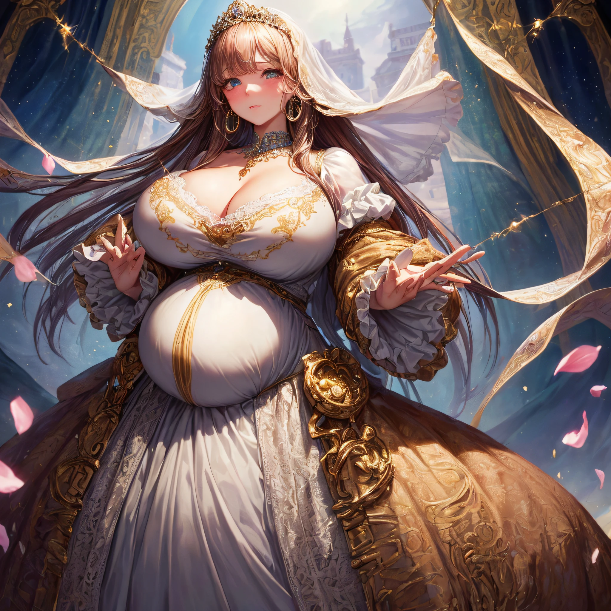 (masterpiece, best quality,extremely detailed:1.1),(moe anime art style:1.2),1girl,((full body,focus face)),((solo)), cute, kawaii,digital art,((1 bling-bling pregnant princess wearing beautiful embroidery and jeweled gorgeous rococo ballgown with jeweled voluminous full length hoop skirt)),(((heavily pregnant))),very big pregnant belly,((crinoline)),long train,voluminous frills,See-through,(gorgeous embroidery and beautiful lace),((very gigantic boobs,skindentation)),cleavage,shiny hair,(((very long straight hair,large amount of straight hair))),((embarrassed)),anguish,((finely detailed face and eyes)),clear pupil,extremely gorgeousfull hair ornament,(bling-bling jeweled extremely gorgeousfull tiara),(bling-bling gorgeous gemstone jewelry),long veil,beautiful background,fantasy background,flowers,flower petals flowing,full body,((beautiful embroidery and jeweled ruffled gorgeous rococo ballgown with voluminous full length hoop skirt))