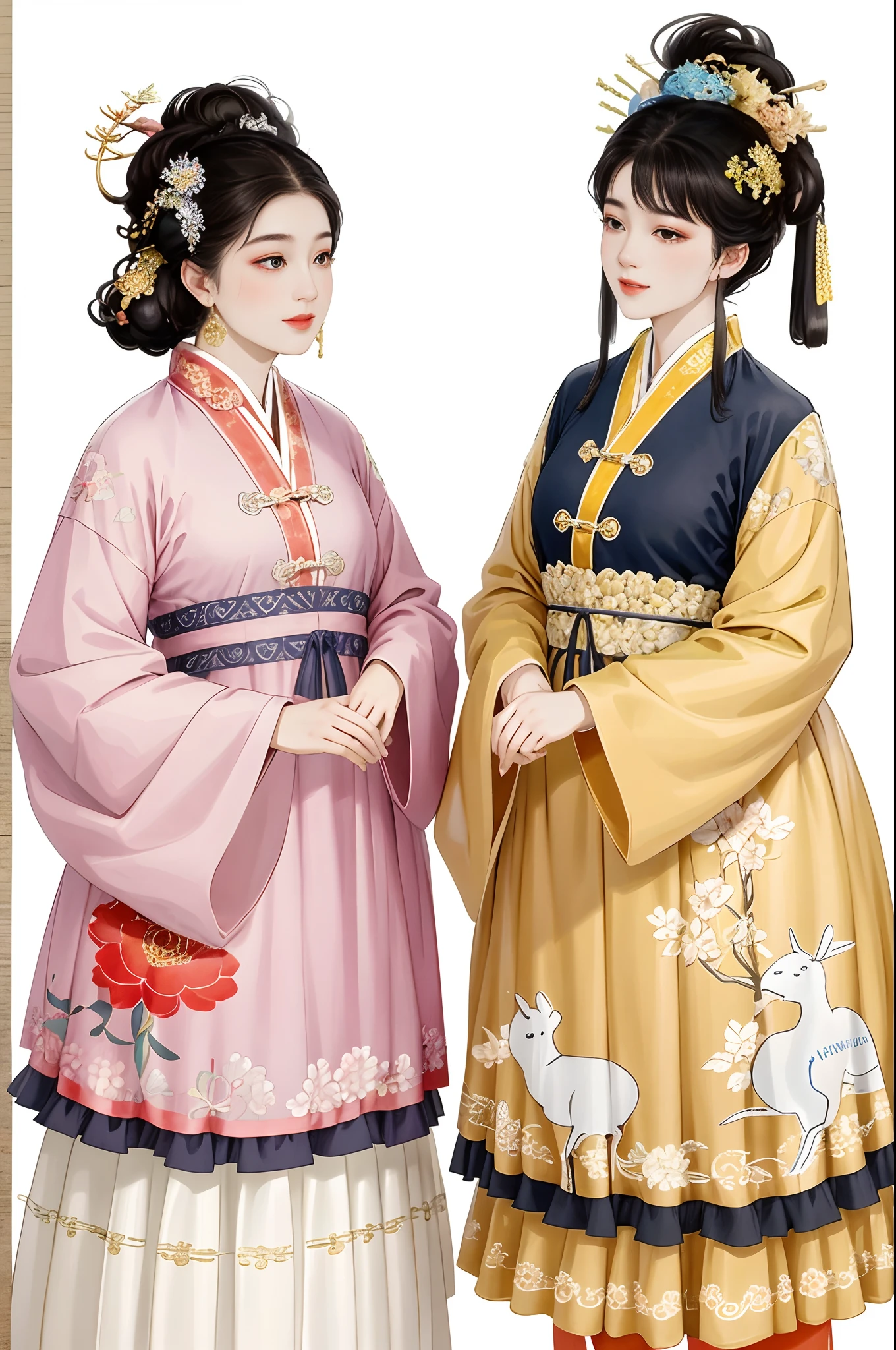 Two women,A face is large and round、fatness、Yellow-black complexion,Another woman has a small face,Slightly thin,white complexion,Two women holding hands,All confident、generous、independence、bravery、Has its own unique temperament,Have personality,independence,Dress differently in their own style,Chinese style clothes of the national tide