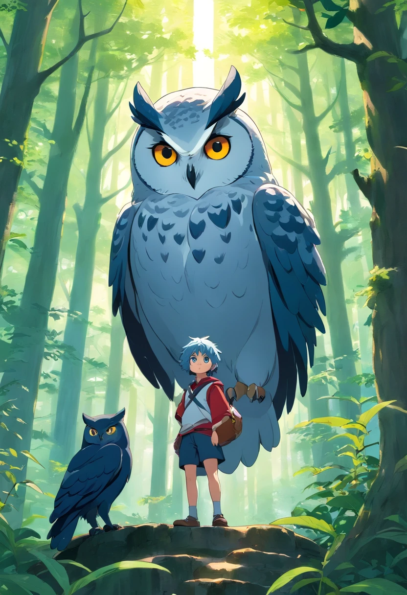 A young man with gray hair and a young man with black skin and blue hair meet the great white owl, in a magical forest, enchanted beings, enchanted cat points the owl at them, climbing a large hill, a large forest in the background. 3d, anime, masterpiece