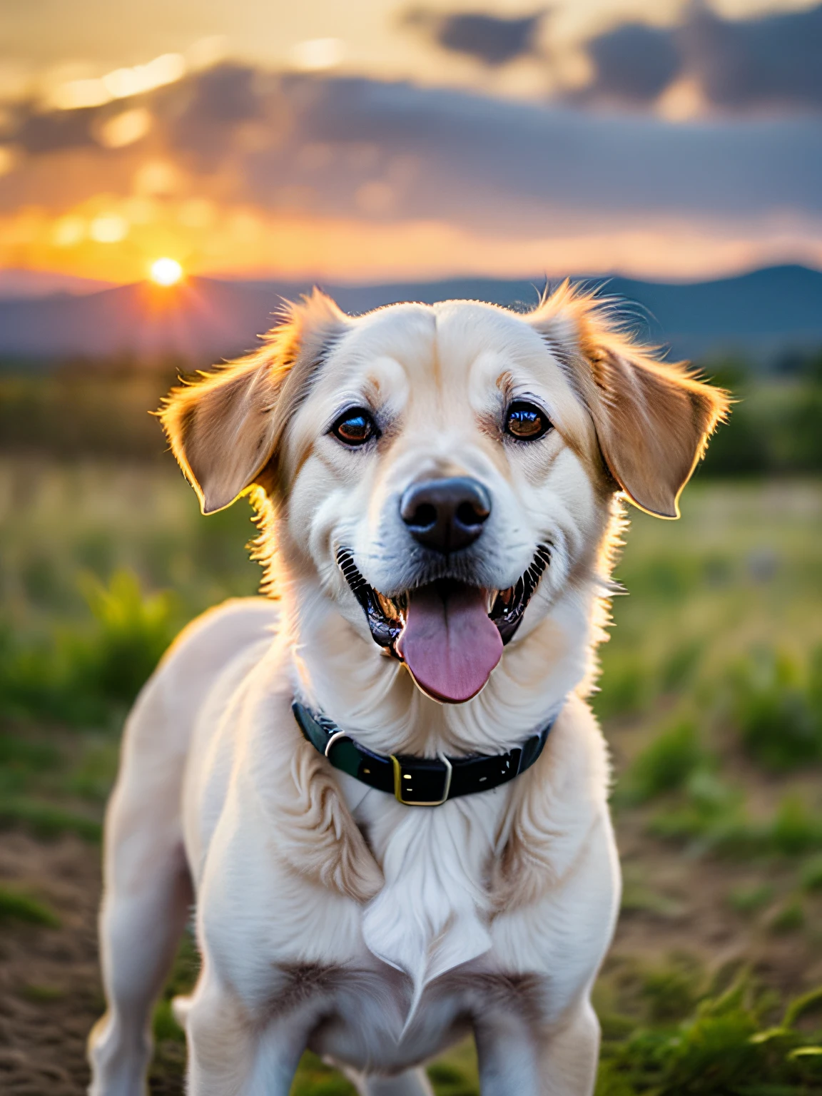 Foto de um filhote de cachorro muito bonito correndo em um campo de trigo dourado, Facing the camera, sticking out his tongue and smiling, sunset sky, nuvens brancas, volumetric soft light, (luz de fundo: 1.3), (filme: 1.2), detalhes intrincados, (art-station: 1.3), Rutkowski