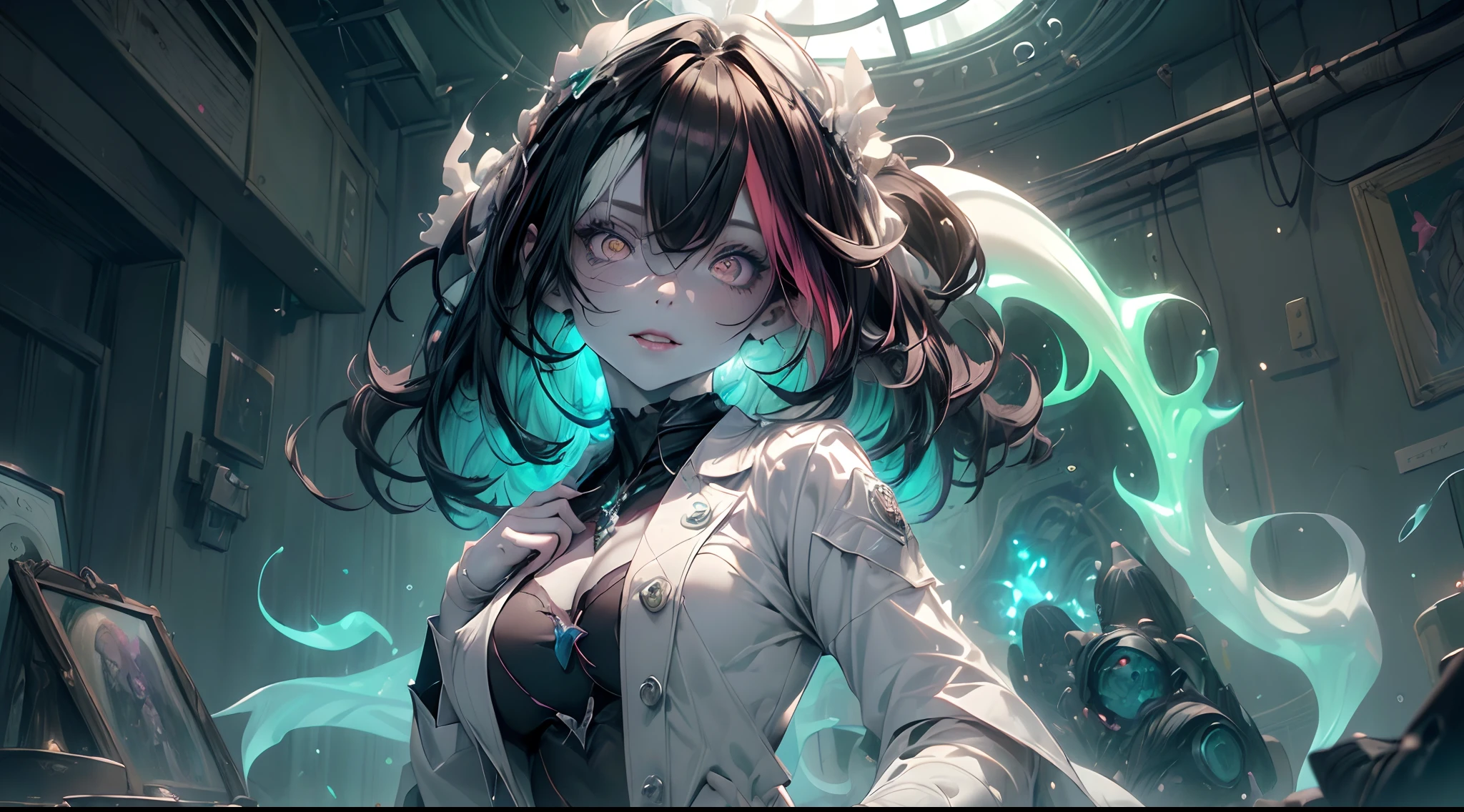 (ghosty:1.85) (doctor:1.5) girl, (white doctor coat:1.4), (spirit, spiritual:1.2), 1girl, perfect and well designed glowing shiny eyes, (beautiful detailed eyes:1.05), natural medium breasts, slim body, beautiful and delicate cute face, (face detail), ((realistic face)), pores, ((pale grey skin)), detailed skin, realistic skin, (((bioluminescence))), ((shiny skin)), (multicolored gradation skin), (monster girl:1.25), human face, medium length hair, hair voluminous, (((((multicolored gradation hair))))), (dark-haired:1.65), super high resolution, 8k, parameters Best quality, (masterpiece:1.4), (magic accessories:1.4), bracelets, extremely detailed thick tight ((dark grey:0.85), (green:1.2), (pink:0.5)) medical outfit, (shirt:1.4), skirt, (standing nipples under cloth:1.2), (neckline:1.3), (cleavage:1.1), decolette, Young Girl, Little Beast, (Smile:0.9), (pale Skin:1.85), ultra detailed, photorealistic, ((Real image)), (best quality:1.4), super high resolution, (Realistic 2.0), More details, (((1girl))), {(medical ward:1.2)|(doctor office:1.2)}, (beautiful and aesthetic:1.2), (fractal art:1.4), (cinematic light:1.1), (close DUTCH ANGLE:1.2), 16K, HDR, RTX, Ray Tracing, Radiosity, Anisotropic Filtering, Subsurface Scattering, (((magic lights))), metallic reflections, Detailed, Realistic, 4k highly detailed digital art, (cool_color), extremely detailed CG unity 8k wallpaper, vibrant colors, (seductive pose:1.6)