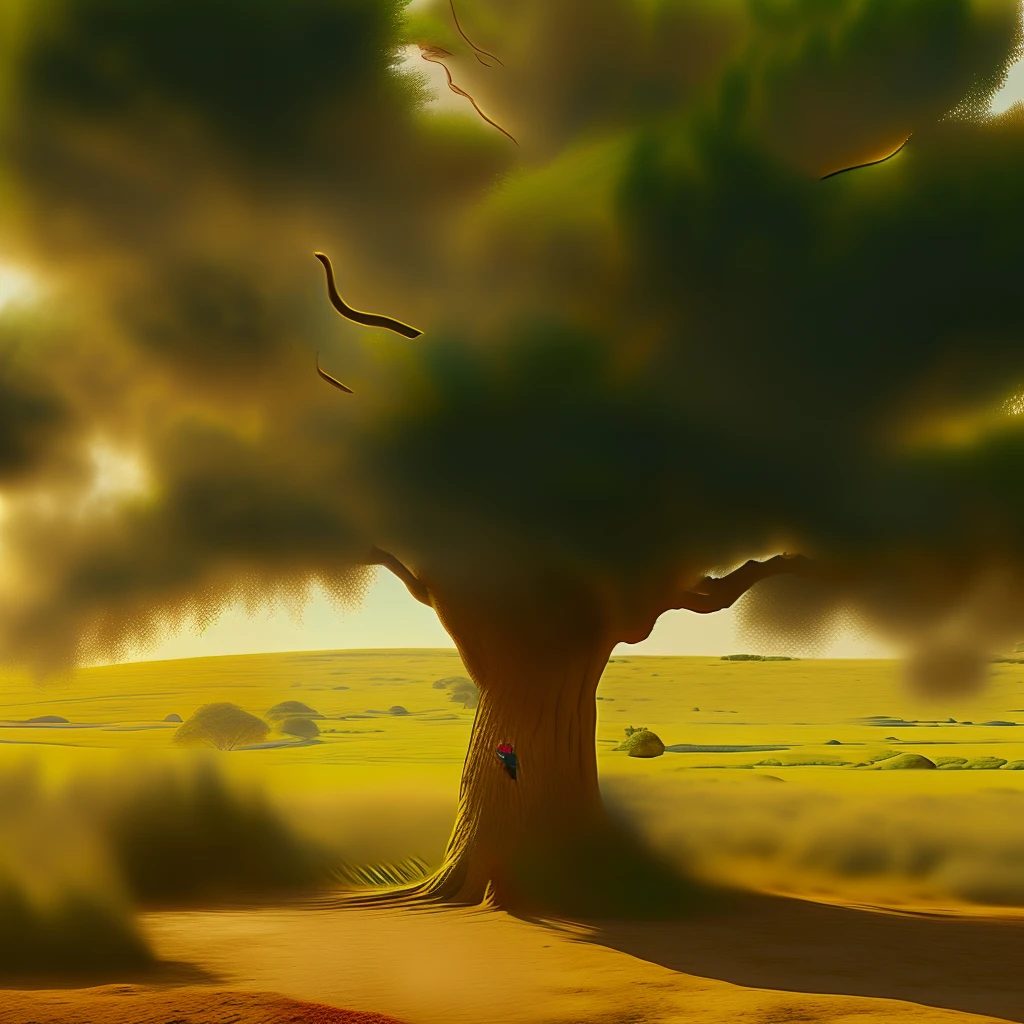 Golden Tree, in a deep island, red soil, realistic,