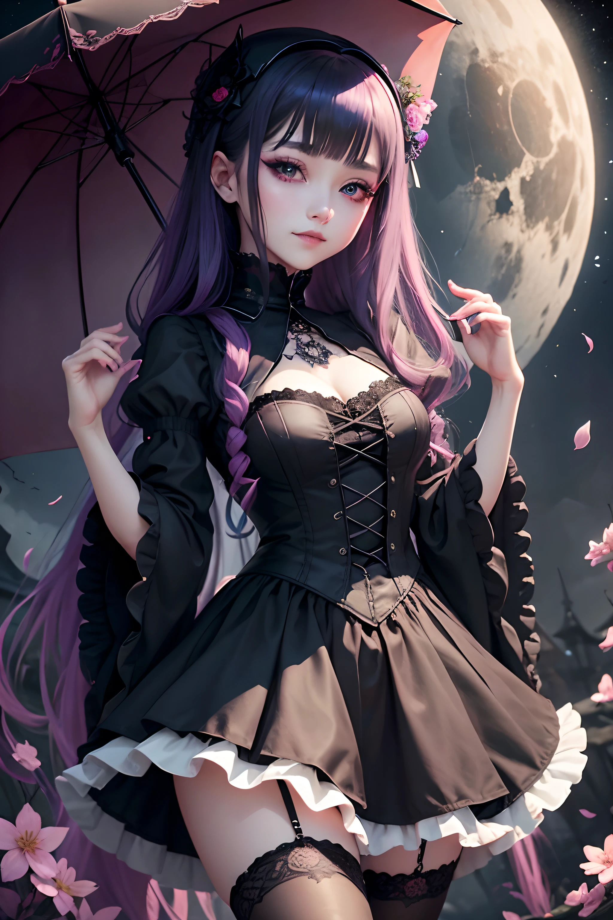 Gothic lolita、gotik、18year old、boredom、garterbelts、knee high socks、A slight smil、A sexy、Glamour、shadings、wretched、Beautie、Glamorous、Dark smile、Dark ambient space、bell sleeves、Wizard Sleeve、Deep、gasp、doress、Cheek dyeing、Beautiful world、Goth Lorica Headband、Dark Gothic Makeup、Mysterious、Japanese umbrella、Night cherry blossom background、Pink mesh hair、Black long straight hair、One Piece Lace Blue、The witch's、