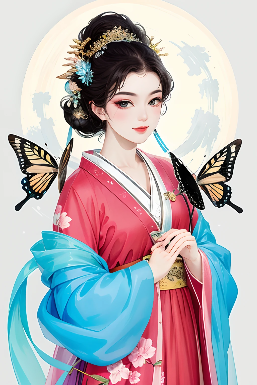 masterpiece, high quality,1girl,looking at viewer,east asian architecture,moon,butterfly, upper body,