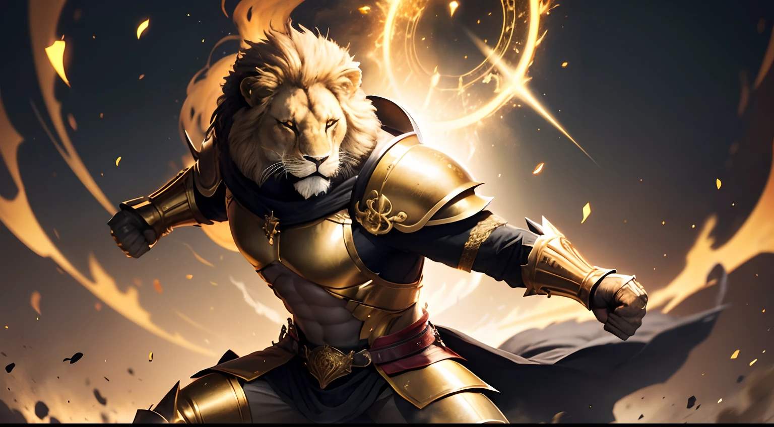 homem de meia idade, calvo, cor de pele branca. Vestindo armadura de combate completa branca, gold and black with a lion symbol. Com olhar determinado, Battle position, envolto em uma aura de fogo, carrying a white shield with the symbol of a lion in his right hand and a glow of golden energy emanating from his left fist
