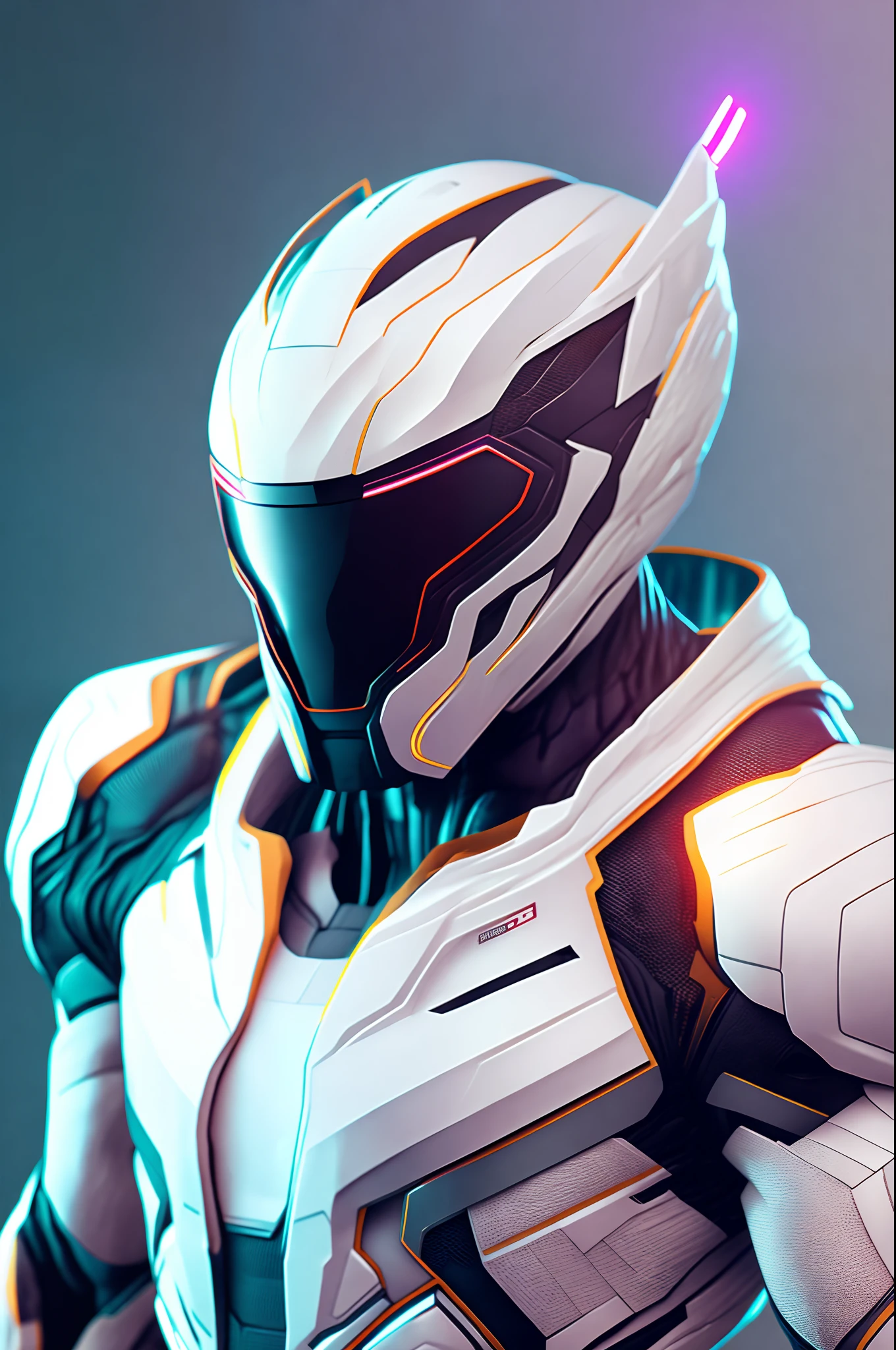 Androide inspirado no Juggernault da Marvel, com capacete e visor hi-tech, utilizando uniforme branco, Cyberpunk, 8k