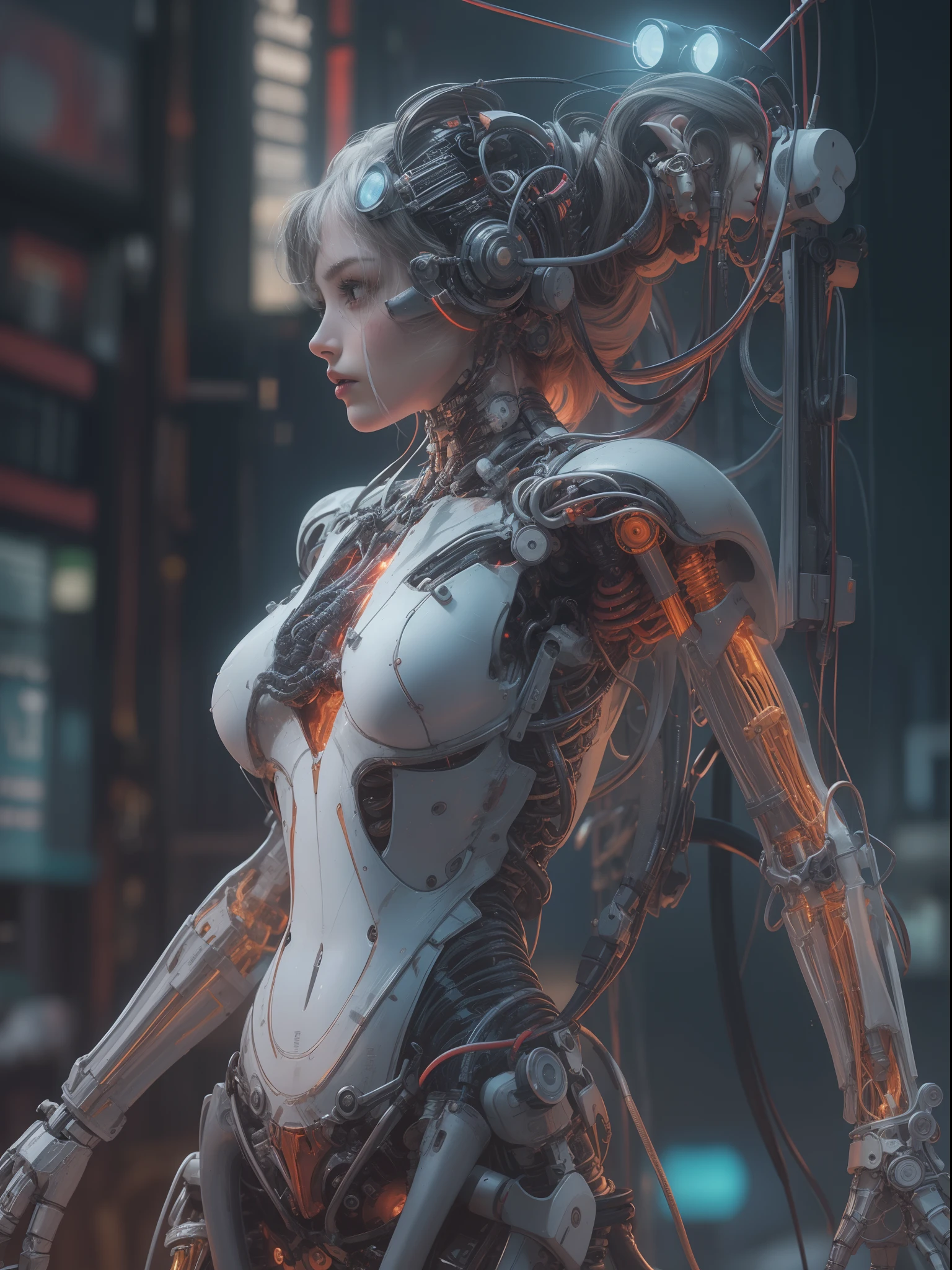 (((masterpiece))), (((best quality))), ((ultra-detailed)), (highly detailed CG illustration), ((an extremely delicate and beautiful)),(from side),cinematic light,((1mechanical girl)),solo,half body,(machine made joints:1.2),((machanical limbs)),(blood vessels connected to tubes),(mechanical vertebra attaching to back),((mechanical cervial attaching to neck)),(sitting),expressionless,(wires and cables attaching to neck:1.2),(wires and cables on head:1.2)(character focus),science fiction,city background, extreme detailed,colorful,highest detailed,(face shadow (extra detailed,best performance)), laser eyes (detailed red))fire in holes of hands)