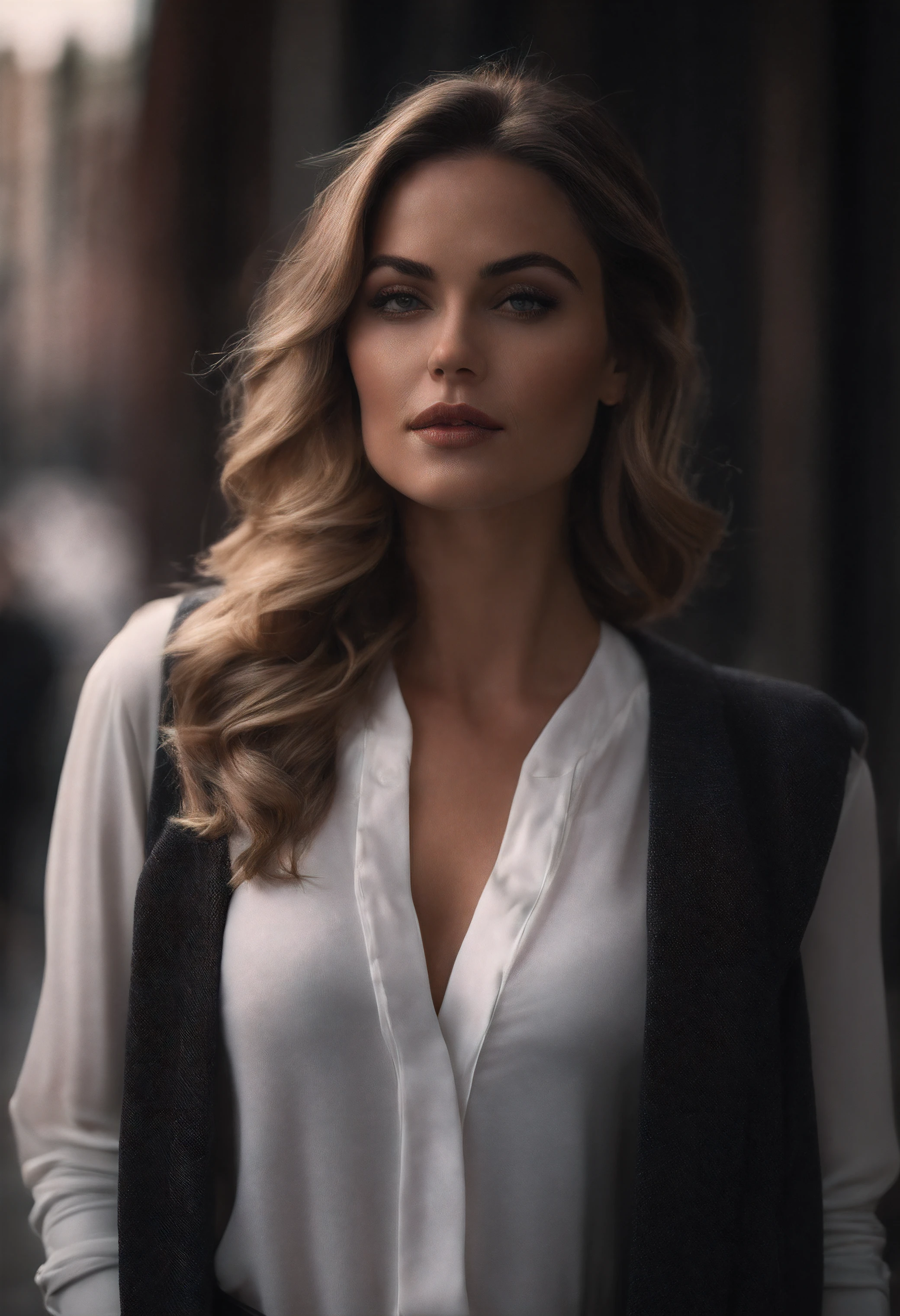 Retrato de uma mulher linda atraente, usando uma blusa de moletom,inspirada em "Selina Kyle", trending on art station, , detailed hyper-realistic rendering, estilo de rua, Pose intimidadora, roupas com moda,