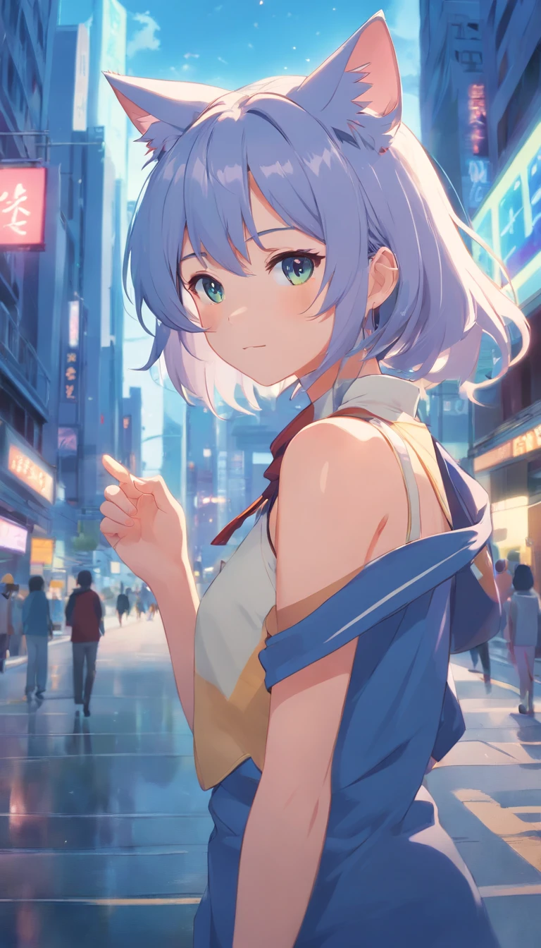 (masutepiece:1.3), (Best Quality:1.3), High resolution, Couboy Shot, I'm on the street with my arms outstretched and a big smile on my face.、Spread your arms、Hair color is purple、Short hair、Blue Mesh、Vivid sea、Clear、Iridescent Sea、huge smile、Spectacular background、 Eyes are purple, Miraculous Eye、Beautiful detailed eyes, ultradetailed eyes、Glitter eyes,The sun's rays illuminate her so beautifully, (One Cute Girl:1.3), , Hair over one eye, Small breasts, Against the background of the sea、Superb sunlight shining even to the deep sea、Dress, Detached sleeves, Dress like a wacky fashion model、White pantyhose