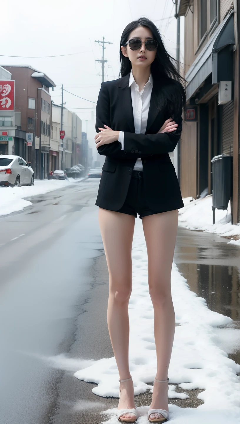 A Japanese Lady、beauitful face、Long Black Hair、Black sunglasses、Gray suit、micro shorts、Blue Heel、beauty legs、Raw feet、tall、long legged、Clean thighs、arms in arms、Oyuki、snow blowing、snow cover、blizzard、heavy wind、Hair disheveled in the wind、Poor visibility due to snow