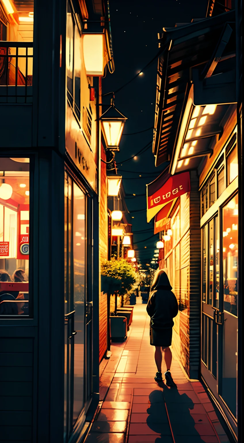 a raw photo cafeteria from outside, the coffe shop has two floors and shop windows, there is a bike in the side walk, night, full moon, cozy, a beautiful sky, it's a mundane photo of the everey day life, BREAK 4k, ultradetailed, intricate,cinematic, wallpaper, award winner photo, incredible, amazing, stunning,