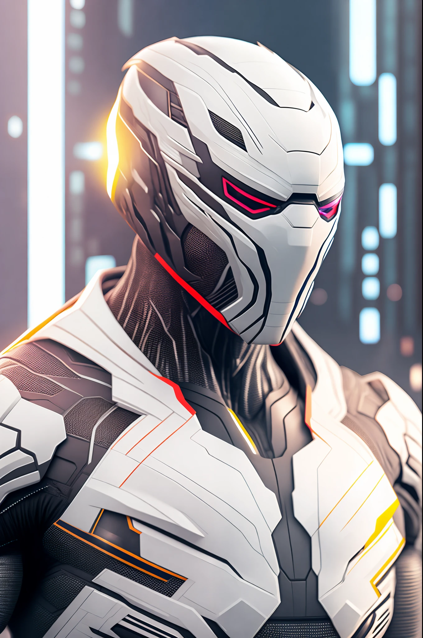 Androide inspirado no Juggernault da Marvel, com capacete e visor hi-tech, utilizando uniforme branco, Cyberpunk, 8k