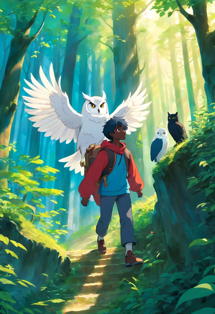 A young man with gray hair and a young man with black skin and blue hair encounter the great white owl, magical forest, enchanted cat, climbing a large hill, a large forest in the background. 3d, anime, masterpiece