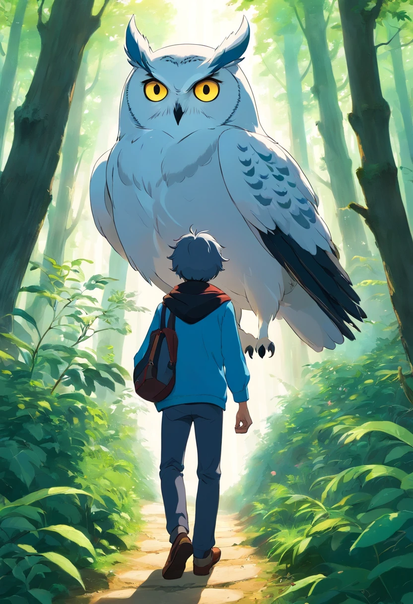 A young man with gray hair and a young man with black skin and blue hair encounter the great white owl, magical forest, enchanted cat, climbing a large hill, a large forest in the background. 3d, anime, masterpiece