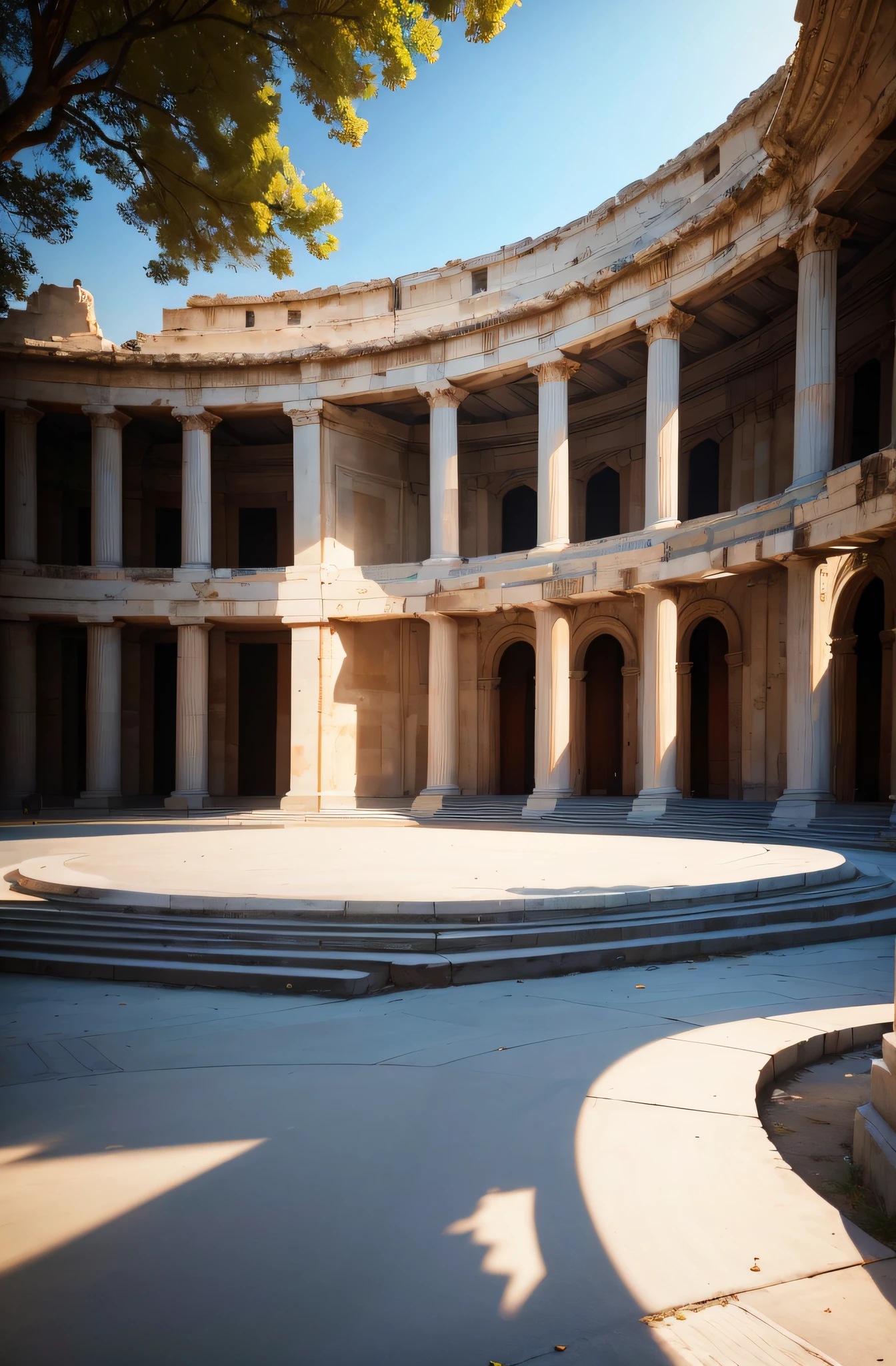 (best quality,8k,highres,masterpiece:1.2),realistic,professional,outdoor stage,prominent masks of Greek theater,drama and comedy,modern theater,abstract color background,masks,performers,expressive gestures,vibrant costumes,dynamic lighting