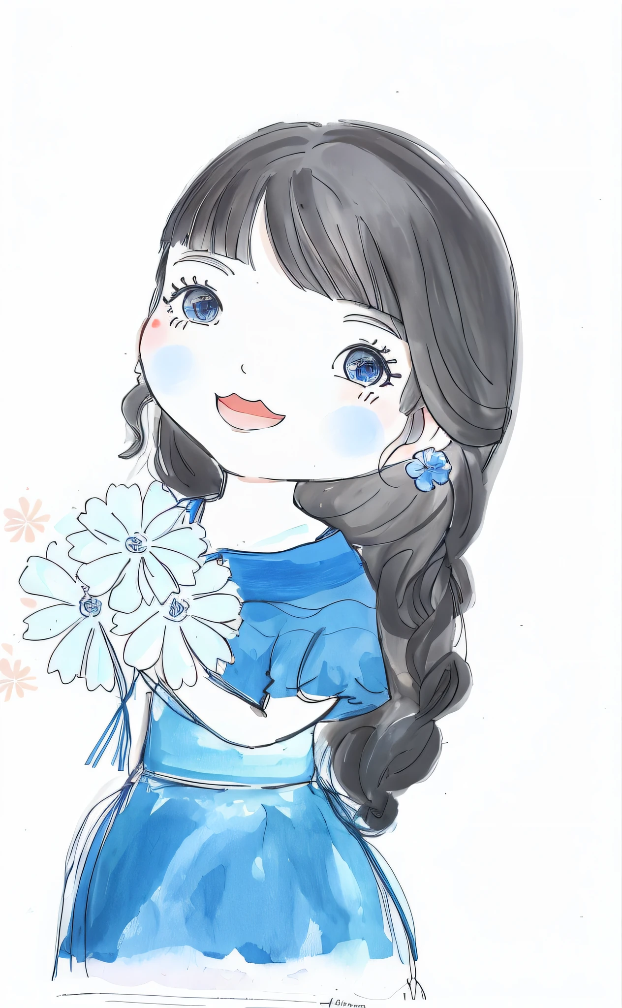 a drawing of a girl with a flower in her hand, inspirado em Yuki Ogura, flores em seus cabelos escuros, com flores congeladas ao seu redor,  com um rosto de flor, com flores, [ Arte Digital ]!!, girl with a flower head, charicatura, inspirado em Takehisa Yumeji, em estilo anime
