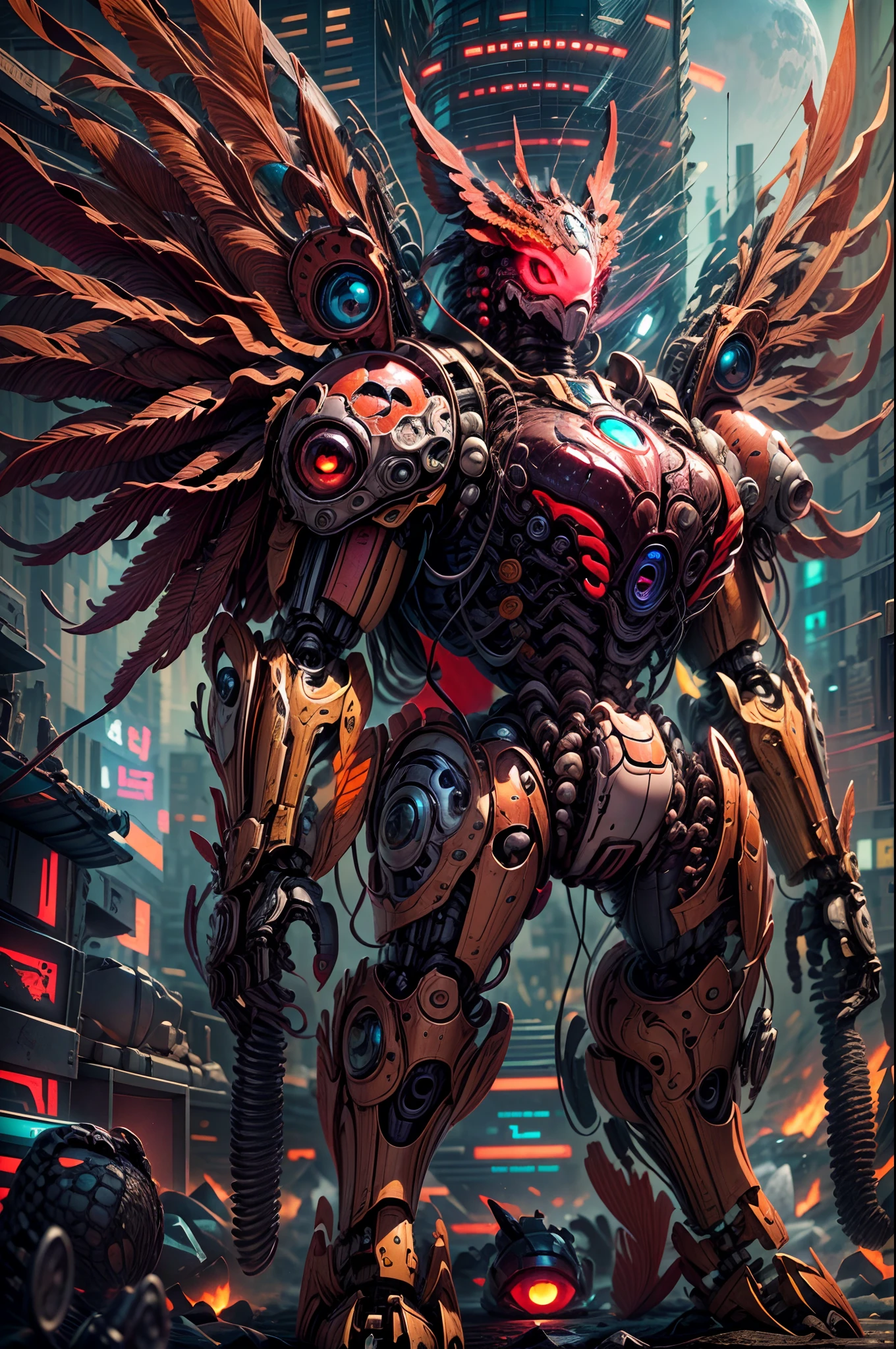 one eyed，Red theme, Phoenix Mech, Rooster , Mecha wings, Cyberpunk, Best quality, Masterpiece, unmanned, full bodyesbian, Mechanical Wonder, Strong, Moon, Ruined city, highest quality digital art, stunning art, Wallpaper 4k, Highly detailed, military robot, Army, War zone, Dynamic lighting, Movie, Epic, Damaged mechanical parts