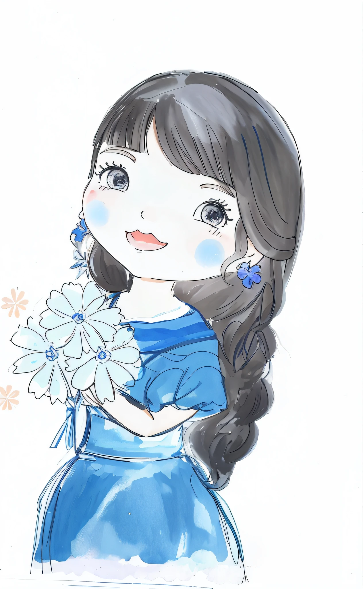 a drawing of a girl with a flower in her hand, inspirado em Yuki Ogura, flores em seus cabelos escuros, com flores congeladas ao seu redor,  com um rosto de flor, com flores, [ Arte Digital ]!!, girl with a flower head, charicatura, inspirado em Takehisa Yumeji, em estilo anime