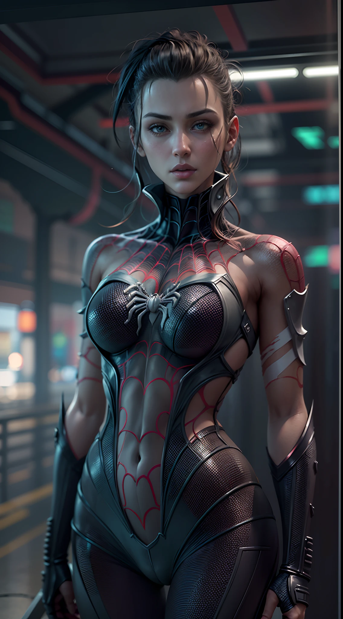 ((Best Spidergirl Quality)), ((masterpiece)), (detailed: 1.4), 3D, an image of a 30 year old beautiful brunette woman with cyberpunk green eyes, 30 years old, HDR (High Dynamic Range),Ray Tracing,NVIDIA RTX,Super-Resolution,Unreal 5,Subsurface Dispersion, PBR Texture, Post-processing, Anisotropic filtering, Depth of field, Maximum clarity and sharpness, Multilayer textures, Albedo and specular maps, Surface shading, Accurate simulation of light-material interaction, Perfect Proportions, Octane Render, Two-Tone Lighting,Wide Aperture,Low ISO,White Balance,Rule of Thirds,8K RAW, Using Detailed spider symbol on Chest. Tube top, bikini bottom. Two piece outfit, Tiny outfit, skimpy outfit. Lots of Cleavage. Full-body portrait, full-length portrait. Exposed body. Cyberpunk.