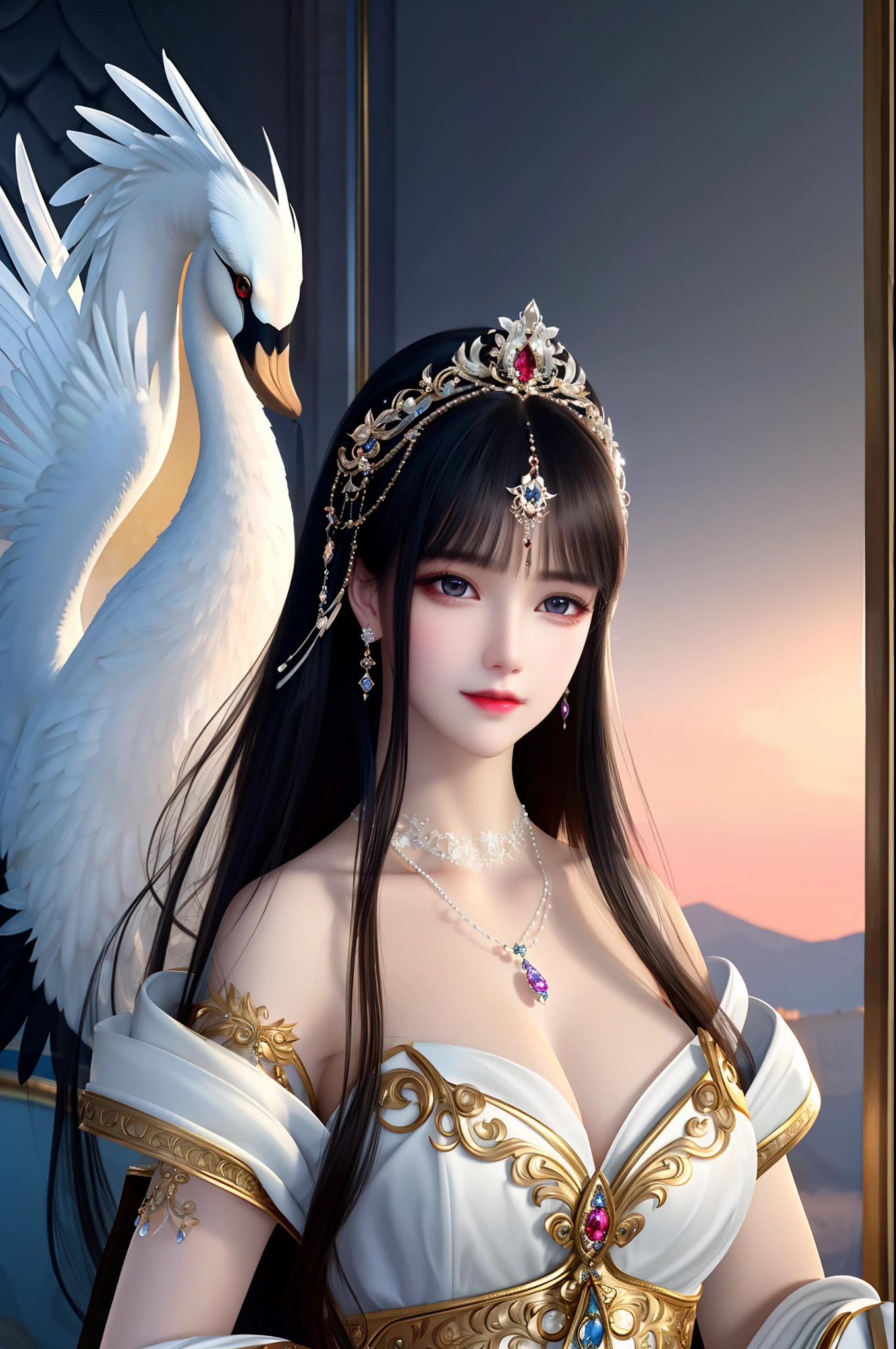 As graceful as a swan,Beautiful face,Charming eyes,Black hair,Exquisite jewelry,Exquisite clothing and hair accessories,Antique costumes,Charming,ellegance,(Masterpiece:1.2), Best quality, Masterpiece, Original, extremelydetailedwallpaper, Perfect lighting,(Extremely detailed CG:1.2)