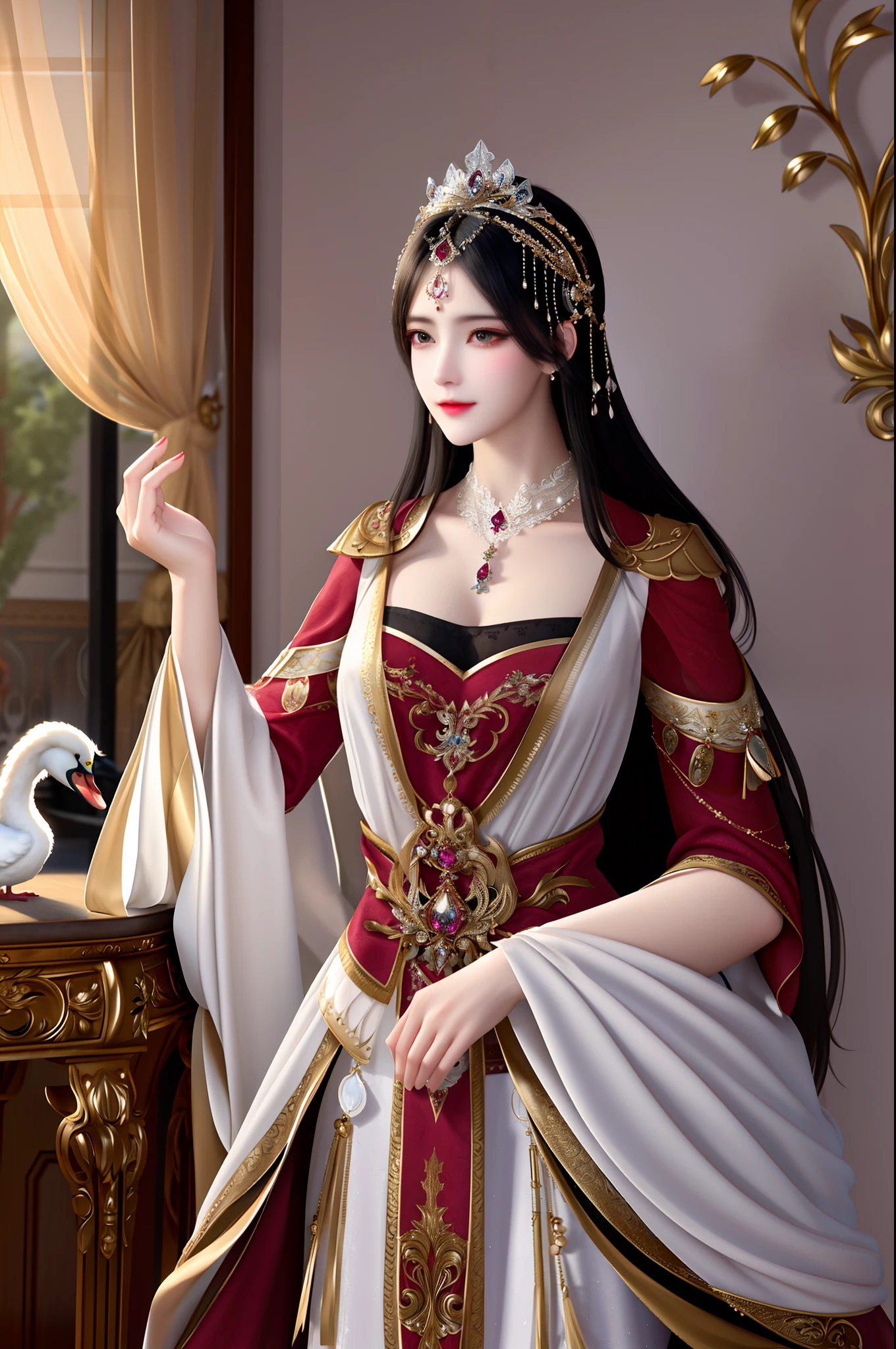As graceful as a swan，Beautiful face，Charming eyes，Black hair，Exquisite jewelry，Exquisite clothing and hair accessories，Antique costumes，Charming，ellegance，(Masterpiece:1.2), Best quality, Masterpiece, Original, extremelydetailedwallpaper, Perfect lighting,(Extremely detailed CG:1.2)