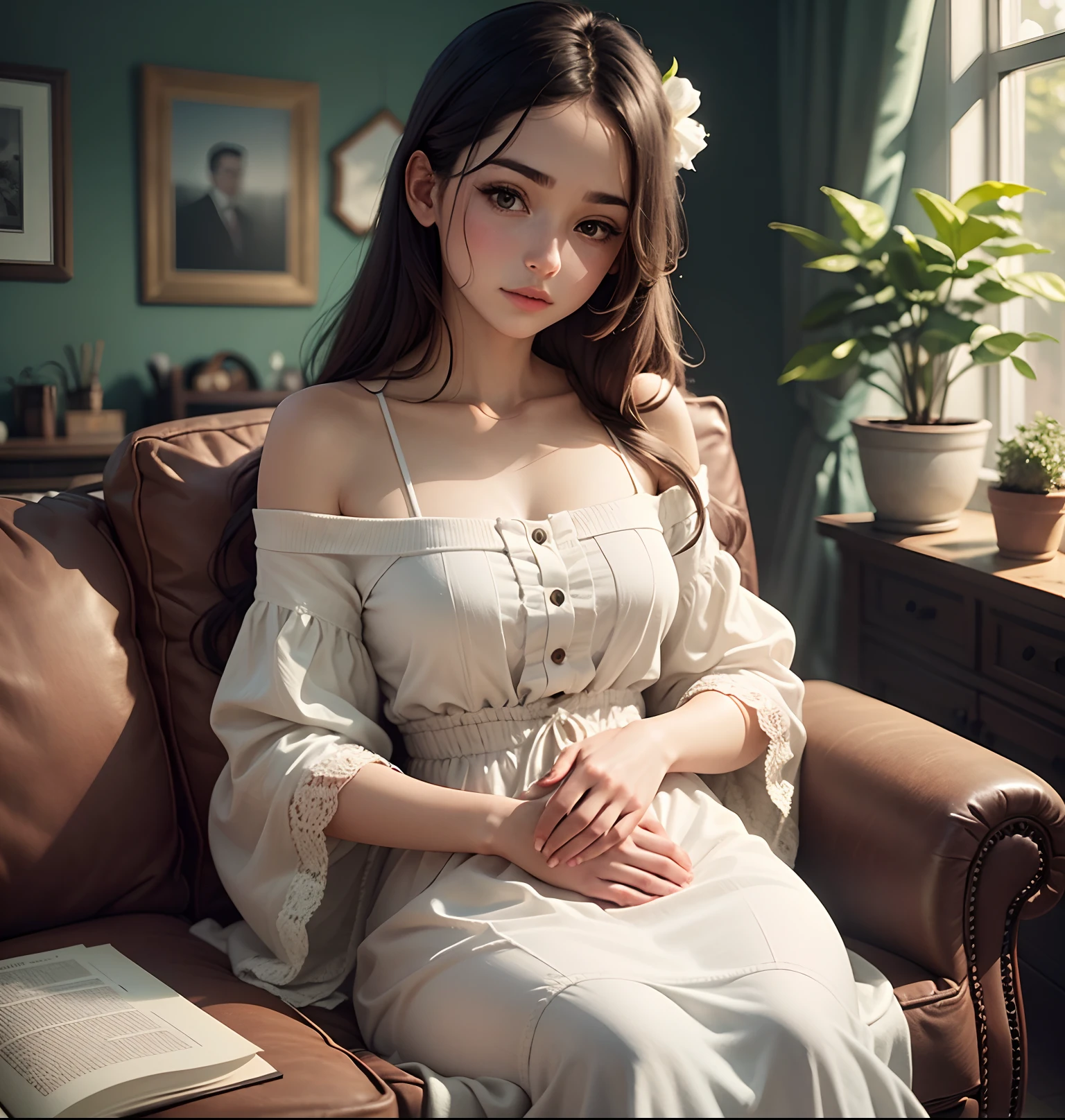 A cozy living room where a girl in a white dress sits on a sofa in the arms of a man