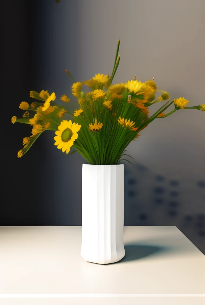 Photorealistic, [best quality], ceramic vase based on Vam Gogh paints, minimalist furniture in a fancy art gallery, 3D render, black wall,