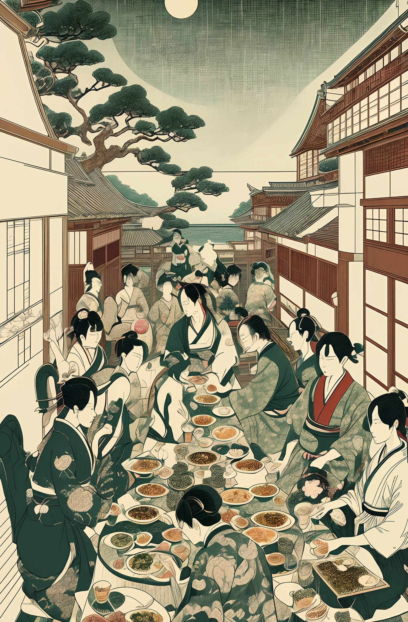 Ukiyo-e style、There are people who eat modern dinners、It is a detailed and realistic rendering with a sense of perspective..、There is a full moon、You can see the sea in the distance、Modern buildings、Ukiyo-e mixed with modern、masterpiece