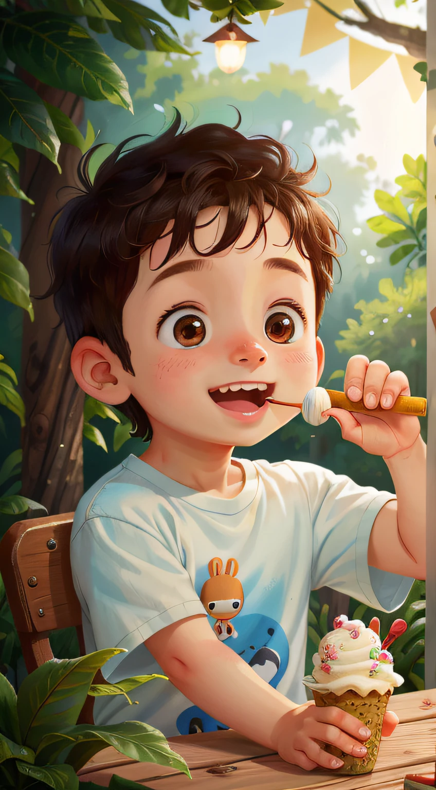 A boy, zoo, ice cream, happy, happy, perfect quality, clear focus (clutter - home: 0.8), (masterpiece: 1.2) (realistic: 1.2) (bokeh) (best quality) (detailed skin: 1.3) (intricate details) (8K) (detail eyes) (sharp focus), (happy)