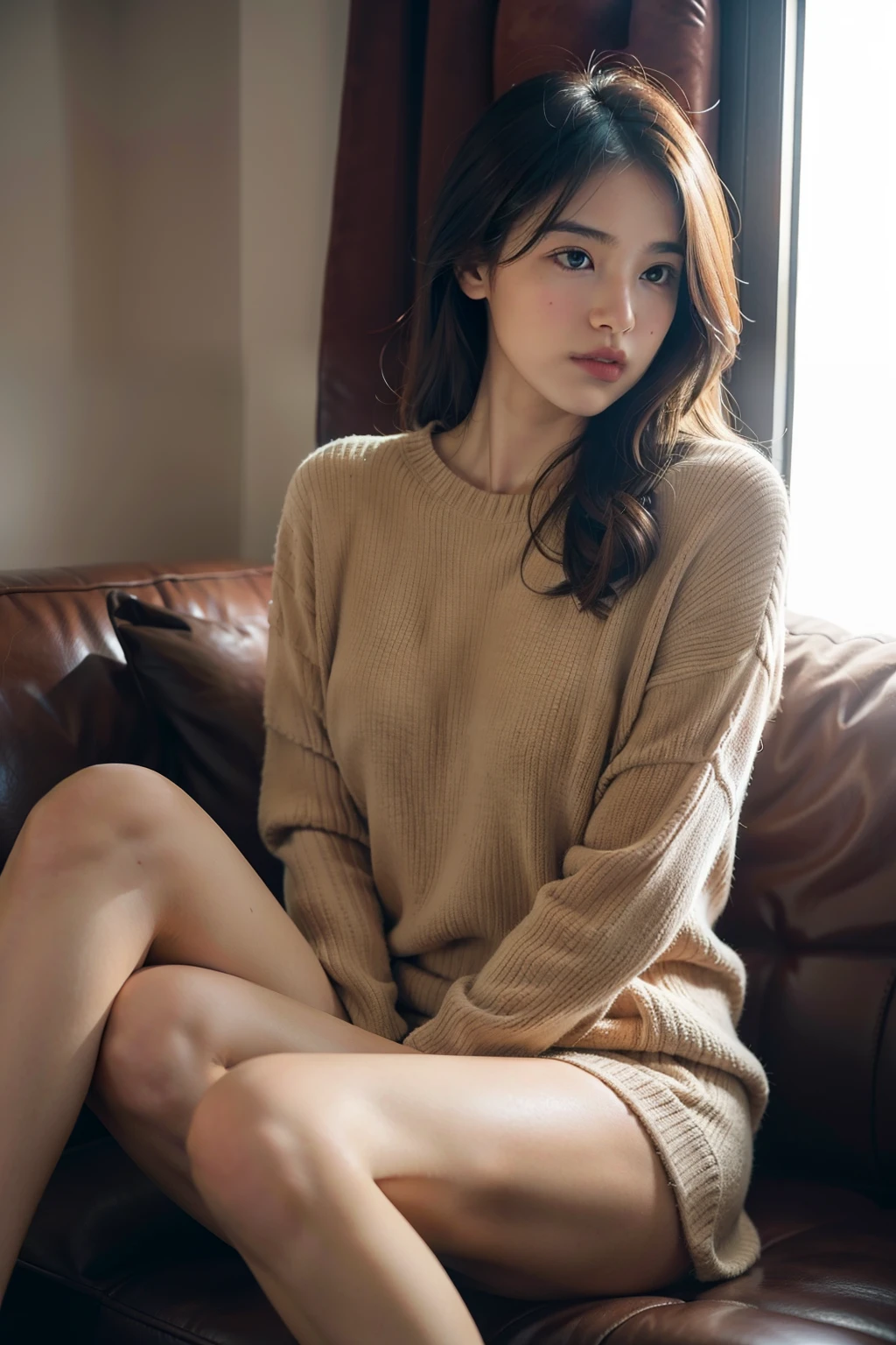 1girl,sitting on a cozy couch,crossing legs,soft light