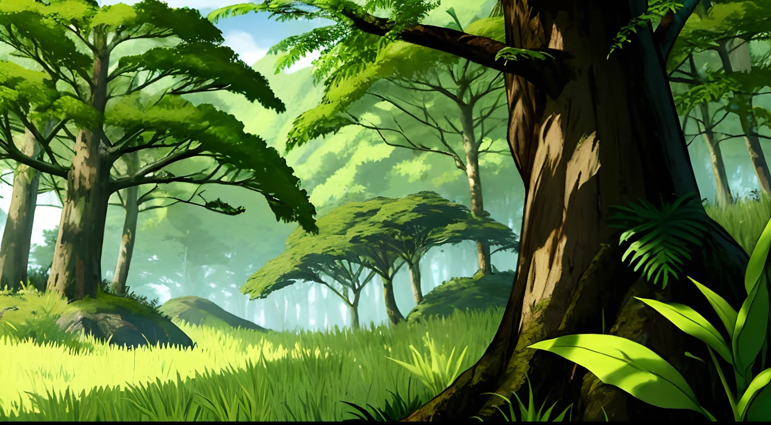 gentil, arte de fundo do anime, linhas limpas, detalhes intrincados, sereno, vazio, alta qualidade, Raytracing Video Game, floresta vazia, Overgrown, terreno gramado, Plantas neutras, pine trees, vibrante, dense with trees, leaves on the ground, Bonito, papel de parede de paisagem, floresta profunda, Natureza intocada, dense vegetation, blurry foreground