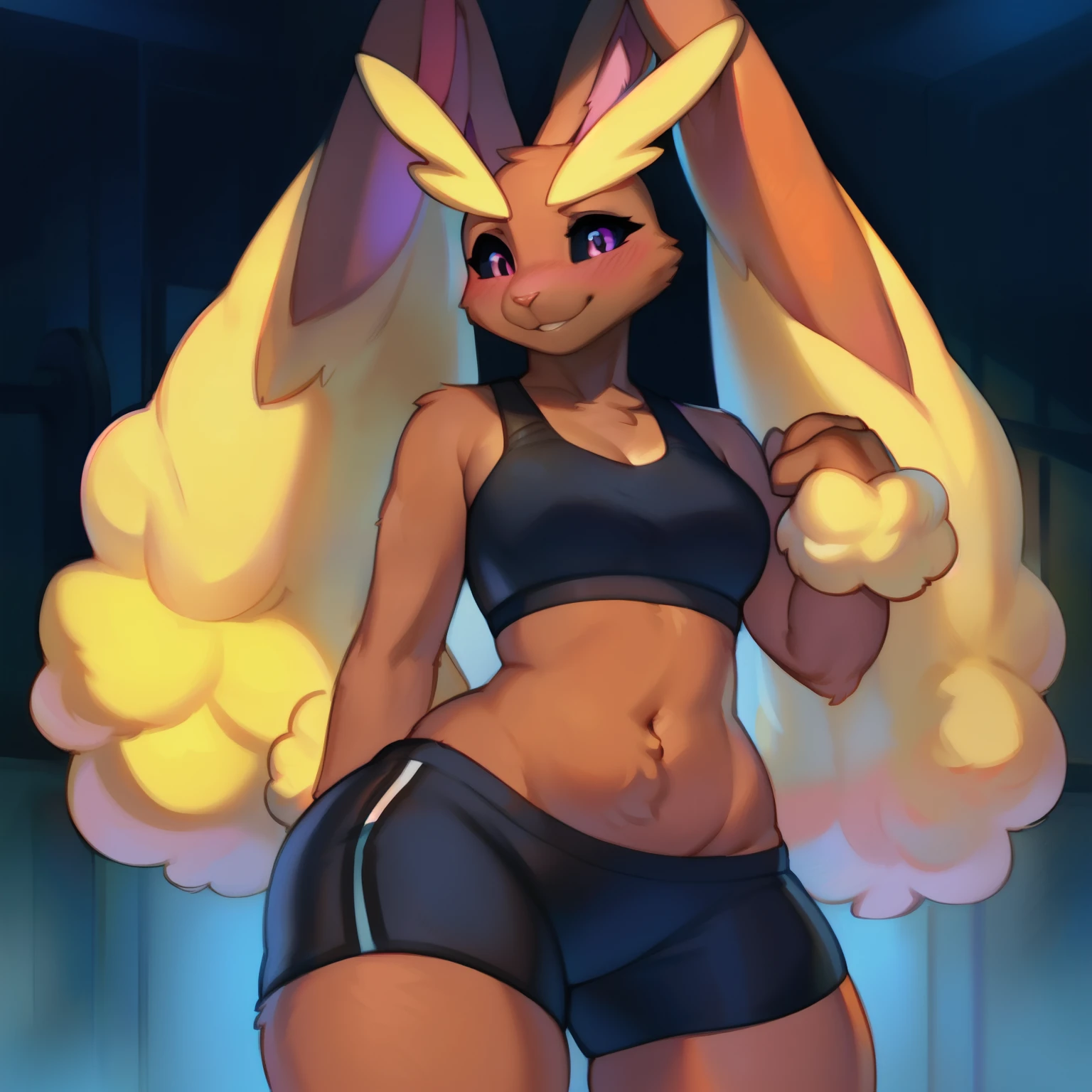 By chelodoy, by zaush, by bebebebebe, by spuydjeks, by meesh, by bigcozyorca, solo, standing, female, lopunny, black sclera, pink iris, brown fur, smile, blushing, butt visible from the front, wide hips, thick thighs, round butt, pear shape body, feminine body, (((black sports bra, black gym shorts))).