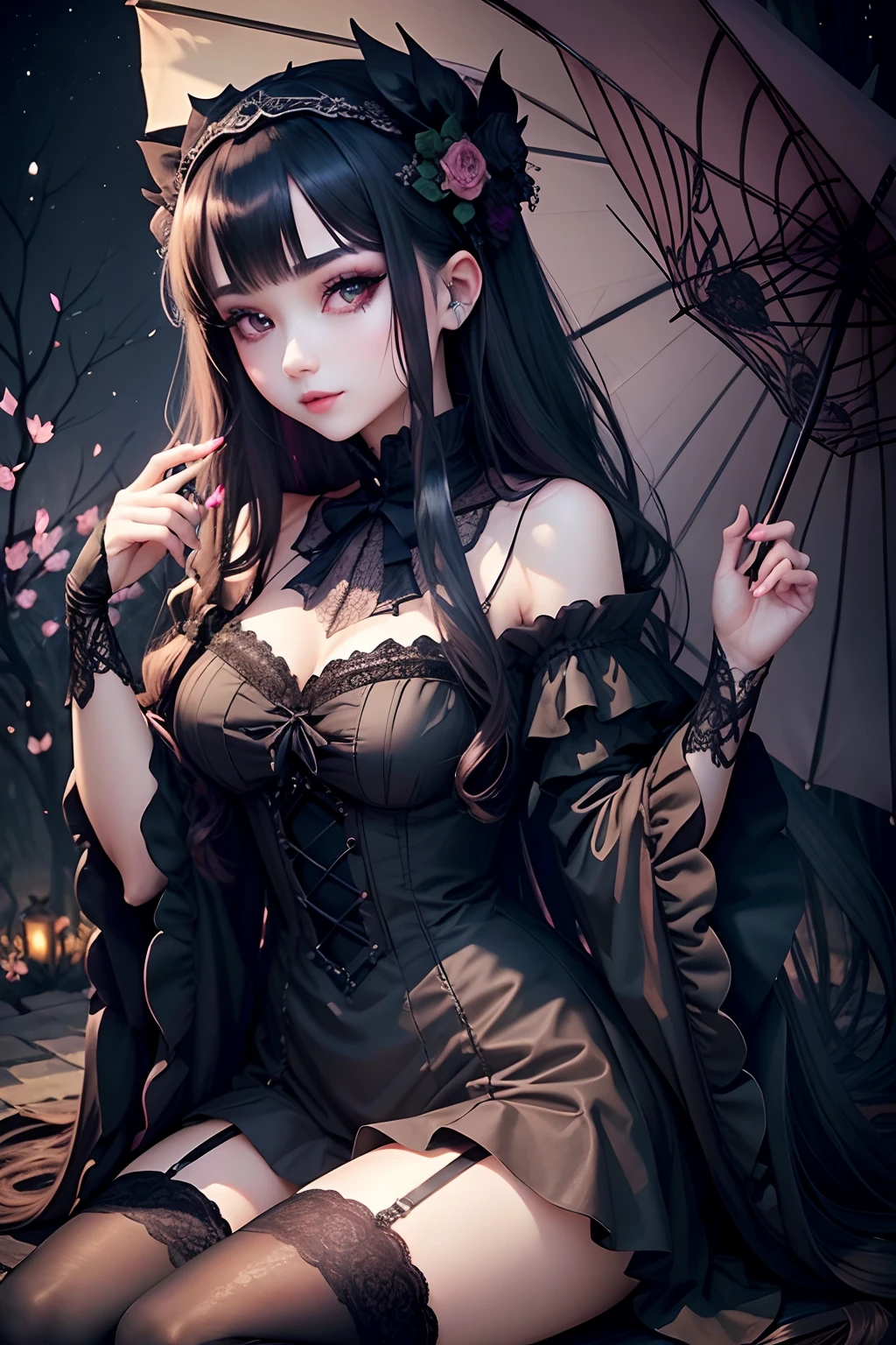 Gothic ta、gotik、18year old、boredom、garterbelts、knee high socks、A slight smil、A sexy、Glamour、shadings、wretched、Beautie、Glamorous、Dark smile、Dark ambient space、bell sleeves、Wizard Sleeve、Deep、gasp、doress、Cheek dyeing、Beautiful world、Goth Lorica Headband、Dark Gothic Makeup、Mysterious、Japanese umbrella、Night cherry blossom background、、Black long straight hair、One Piece Lace Blue、Witchish、gasp、doress、
