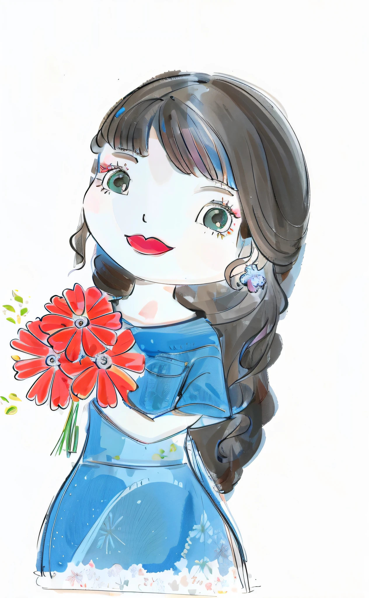 There is a drawing of a girl holding a bouquet of flowers, com flores, menina com um rosto de flor, flores em seus cabelos escuros, girl with a flower head, charicatura, segurando flores, inspirado em Ayako Rokkaku, inspirado em Takehisa Yumeji, Nice Cartunesco, Arte tradicional, segurando uma flor, Arte Digital!!