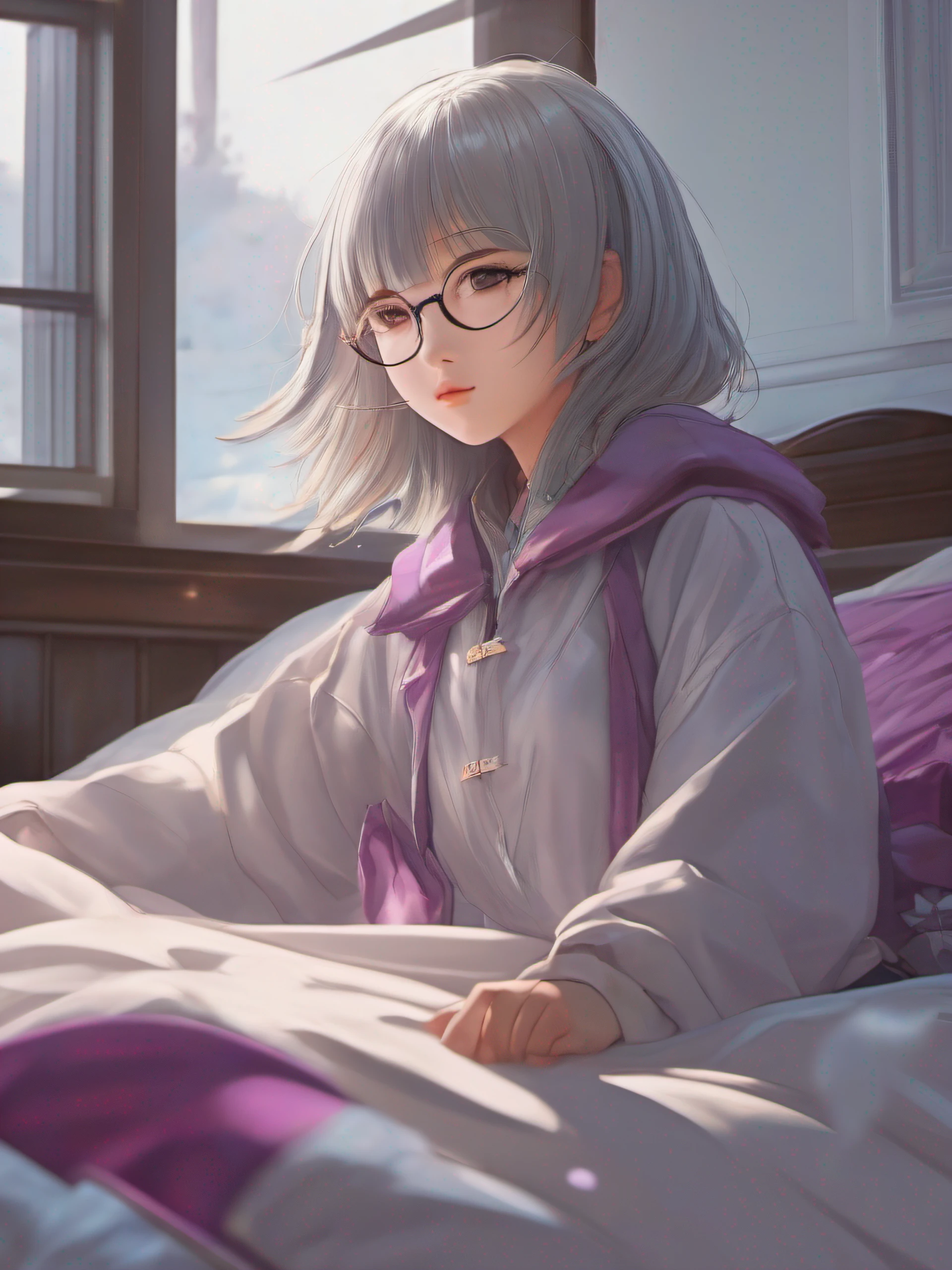 (1girl glasses [Russian: Japanese:0.5] 25 years old]:1.5). (low POV camera angle:1.1). (Bangs short-length silver hair. Levitated hair:1.2). (purple eyes:1.1). (sleeping on bed:1.3). (wear wizard costumes:1.6). (Lo-fi illustration style:1.2). Introvert, INFP-MBTI Personality type. Background environment detailed. Cinematic morning light, Rim light. Crazy detailed, Intricate details, Ultra Detailed, Well-developed concept. HDR. 8K. Ultra HD.