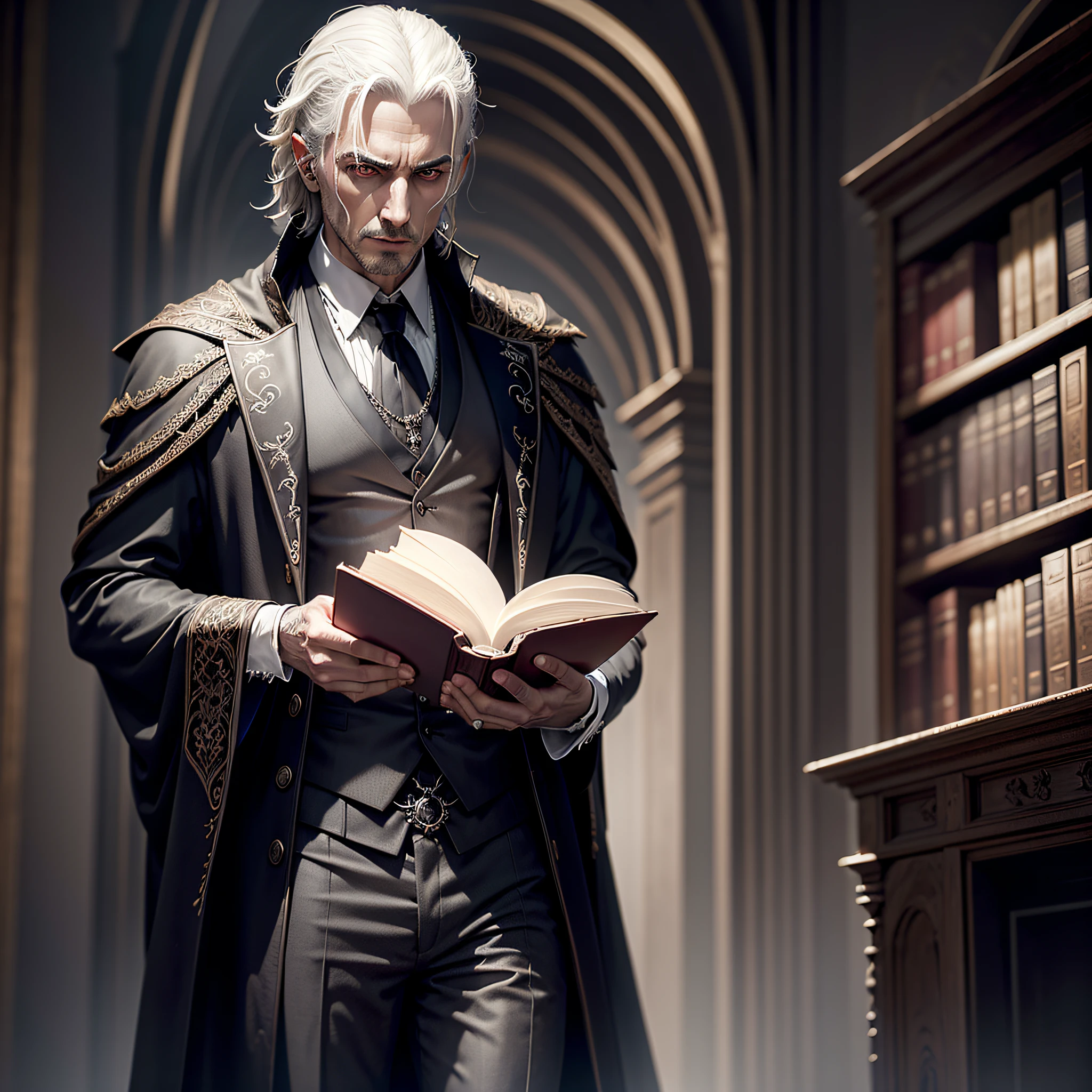 biblioteca, velas, Gothic man with gray skin, roupa de couro, livros voando, gothic style, hiper-realista, cores vivas, detalhado, intrincate details, triste