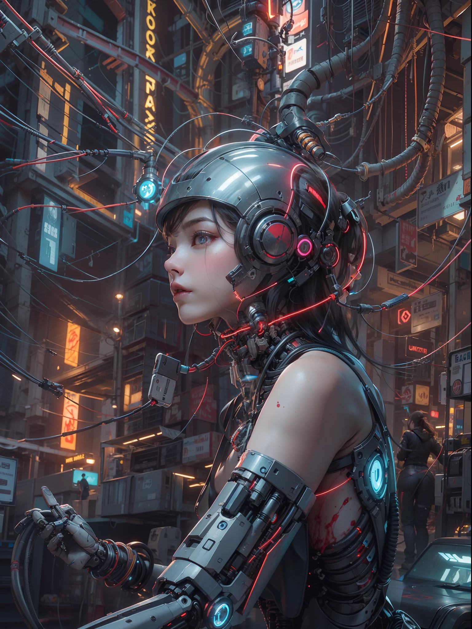 ((extremely delicate and beautiful cybernetic girl)), ((mechanical limbs)), (blood vessels connected to tubes), (mechanical vertebrae), ((mechanical cervical attaching to neck)), (wires and cables attaching to neck:1.2), ((mass of wires and cables on head)), (character focus), (((dynamic pose))), ((cowboy shot)), (masterpiece), (((best quality))), ((ultra-detailed)), (highly detailed photorealistic CG illustration), cinematic lighting, science fiction, extremely detailed,colorful,highest detail, cyberpunk city background.