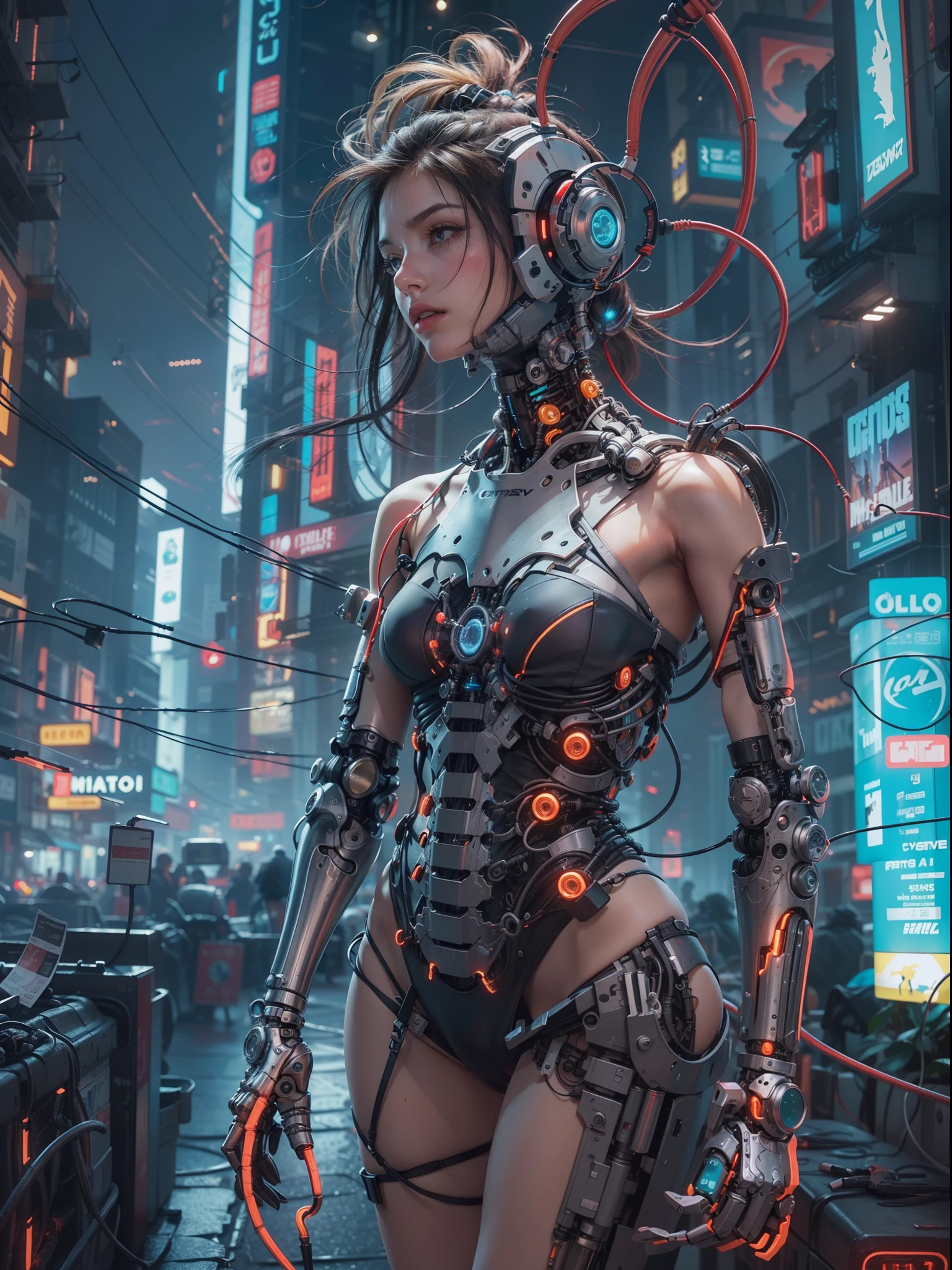 ((extremely delicate and beautiful cybernetic girl)), ((mechanical limbs)), (blood vessels connected to tubes), (mechanical vertebrae), ((mechanical cervical attaching to neck)), (wires and cables attaching to neck:1.2), ((mass of wires and cables on head)), (character focus), (((dynamic pose))), ((cowboy shot)), (masterpiece), (((best quality))), ((ultra-detailed)), (highly detailed photorealistic CG illustration), cinematic lighting, science fiction, extremely detailed,colorful,highest detail, cyberpunk city background.